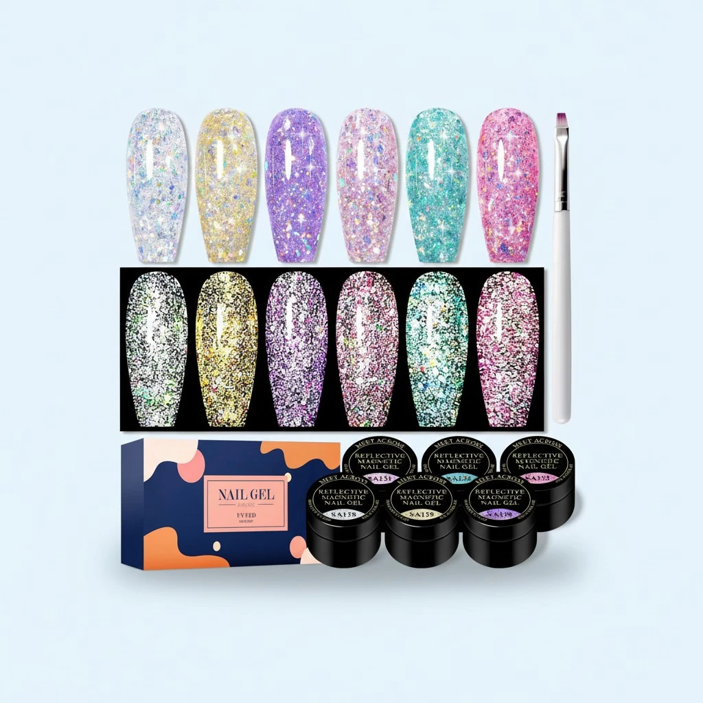 MEET ACROSS Neon Gel Nail Polish Glitter Gel Polish Set Reflective Nail Polish Gel Kit With 1 Nail Brush Soak Off Uv/Led Nail Art Design Salon Home Gifts For Women
