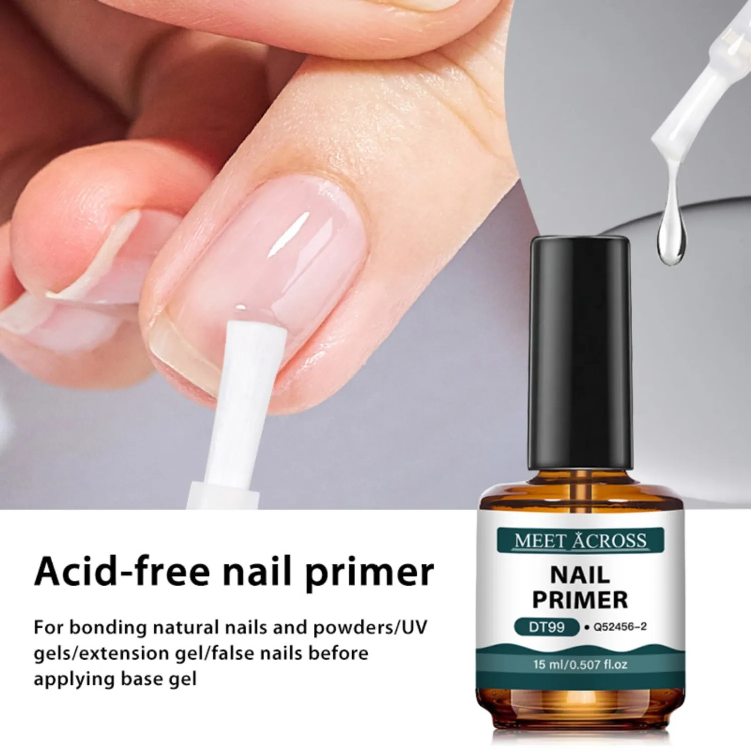 MEET ACROSS 15ML Nail Prep Dehydrator and Primer, Natural Nail Prep Dehydrate + Acid Free Primer, Fast Dry Professional Salons Set 2PCS