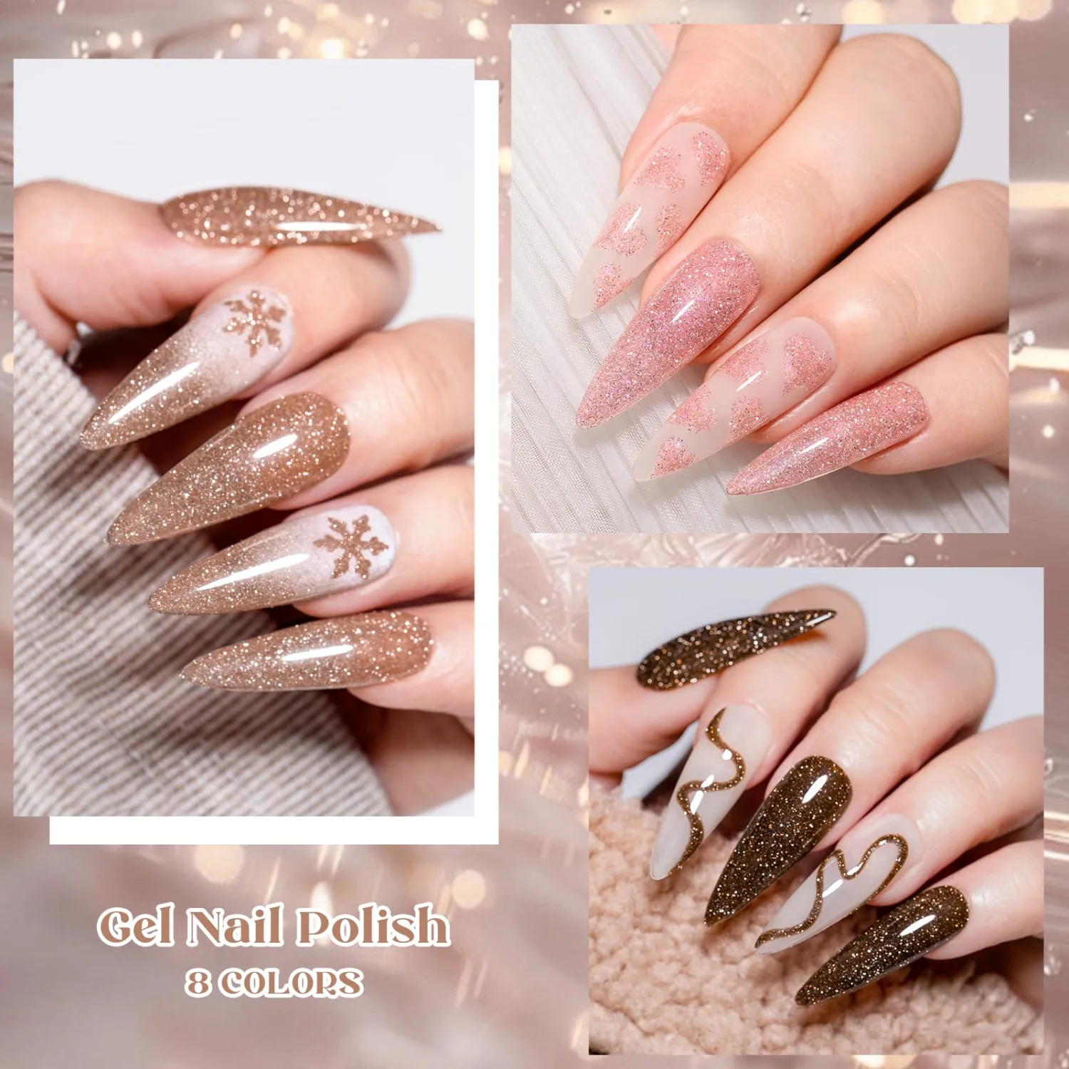 MEET ACROSS Reflective Glitter Gel Nail Polish Set 12Pcs Gel Polish Kit 8 Colors Pink Brown Gel UV/LED Soak Off Nail Polish Home DIY Manicure Salon Gifts