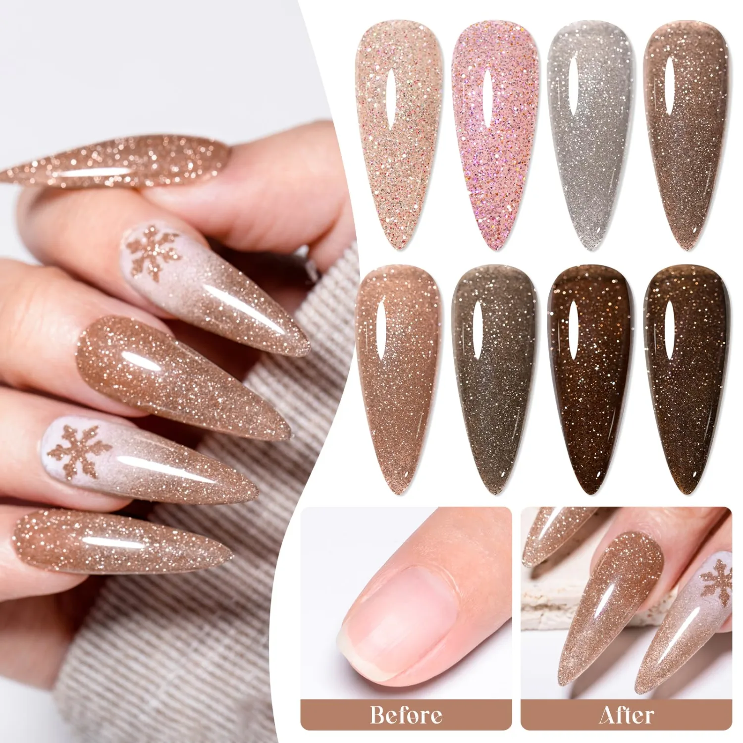 MEET ACROSS Reflective Glitter Gel Nail Polish Set 12Pcs Gel Polish Kit 8 Colors Pink Brown Gel UV/LED Soak Off Nail Polish Home DIY Manicure Salon Gifts