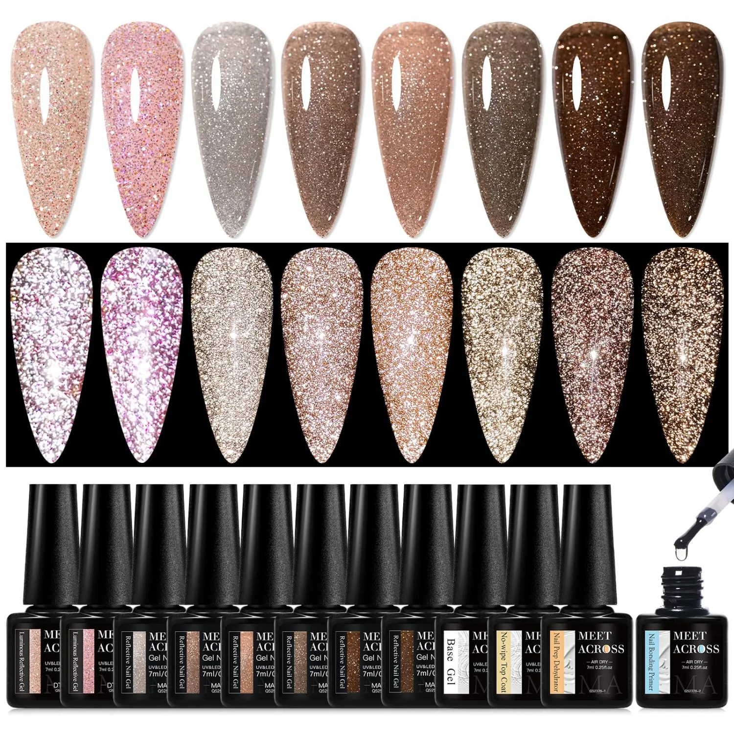 MEET ACROSS Reflective Glitter Gel Nail Polish Set 12Pcs Gel Polish Kit 8 Colors Pink Brown Gel UV/LED Soak Off Nail Polish Home DIY Manicure Salon Gifts