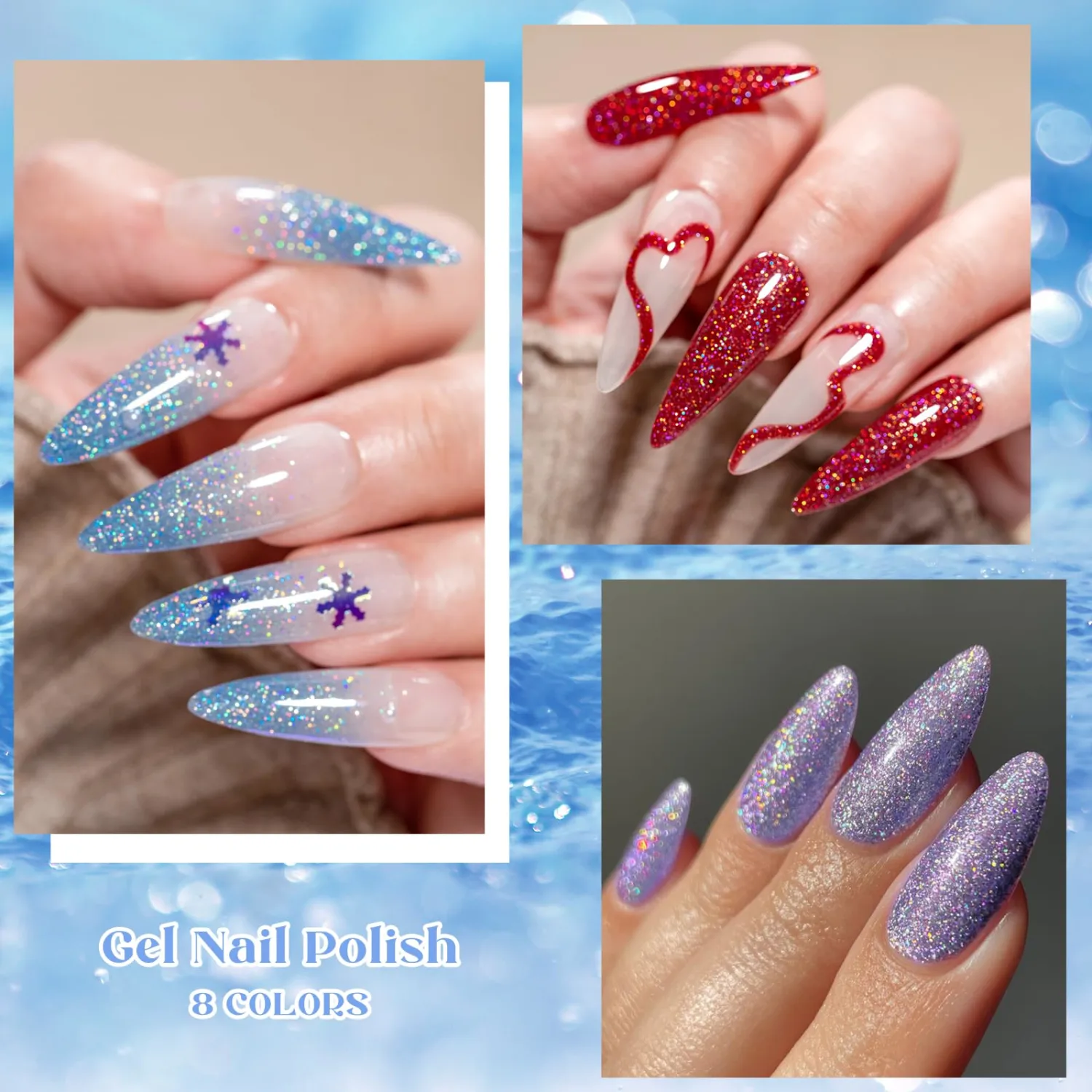 MEET ACROSS 12Pcs Glitter Gel Nail Polish Set of 8 Colors Shimmer Gel Polish Red Blue Purple Collection Kit Soak Off UV/LED Nail Polish Manicure Art Gel Kit Home DIY Nail Salon