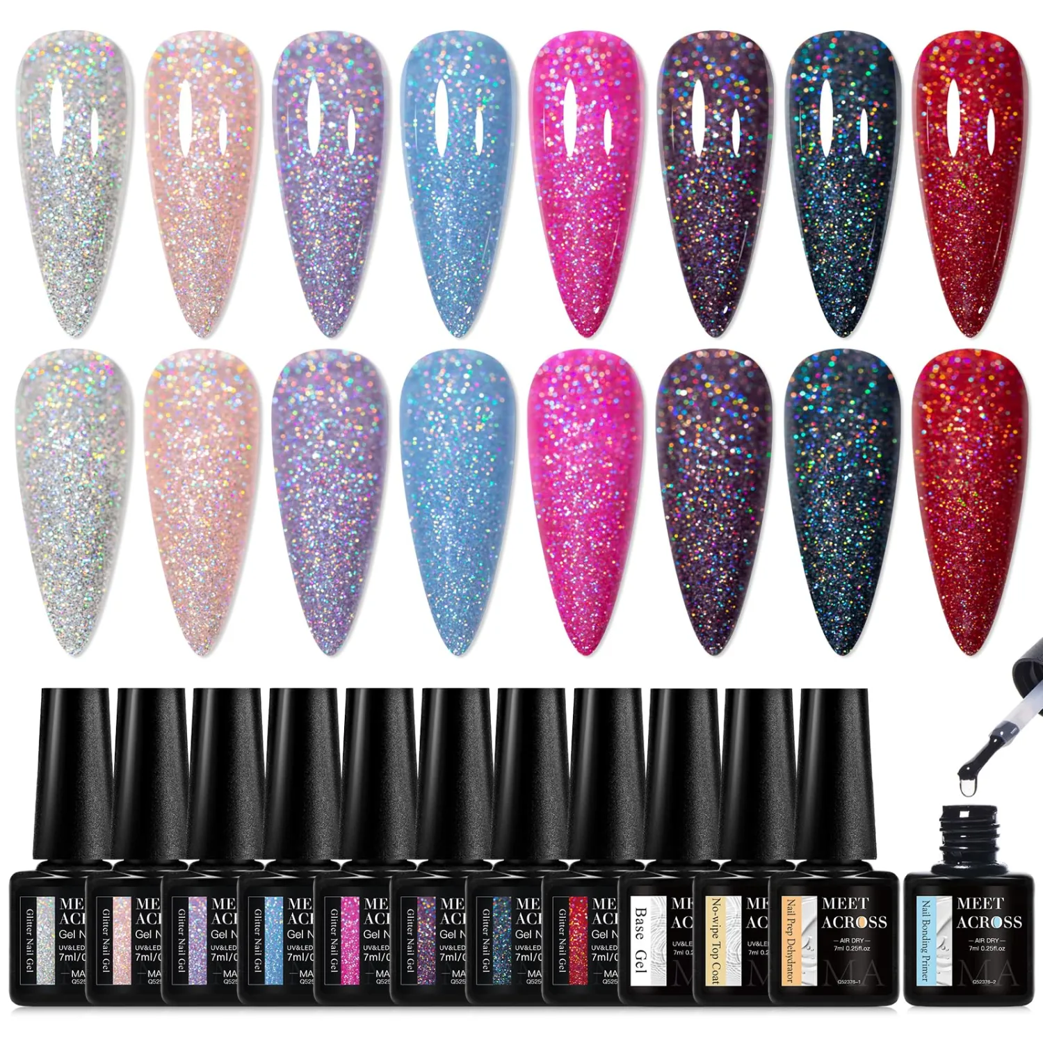 MEET ACROSS 12Pcs Glitter Gel Nail Polish Set of 8 Colors Shimmer Gel Polish Red Blue Purple Collection Kit Soak Off UV/LED Nail Polish Manicure Art Gel Kit Home DIY Nail Salon