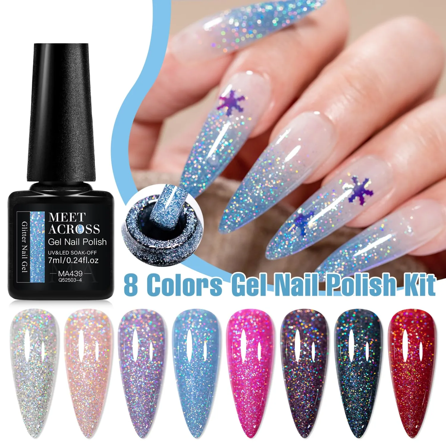 MEET ACROSS 12Pcs Glitter Gel Nail Polish Set of 8 Colors Shimmer Gel Polish Red Blue Purple Collection Kit Soak Off UV/LED Nail Polish Manicure Art Gel Kit Home DIY Nail Salon