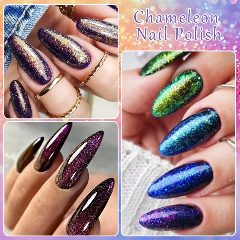 MEET ACROSS Nail Polish Set 6CPS Chameleon Nail Polish Glitter Nail Polish Air Quick Dry Nail Polish Pink Blue Purple Shimmer Iridescent Nail Polish No Require Cured Nail Art-Varnish