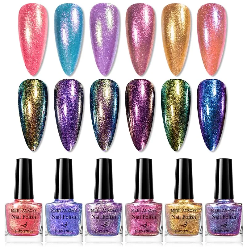 MEET ACROSS Nail Polish Set 6CPS Chameleon Nail Polish Glitter Nail Polish Air Quick Dry Nail Polish Pink Blue Purple Shimmer Iridescent Nail Polish No Require Cured Nail Art-Varnish