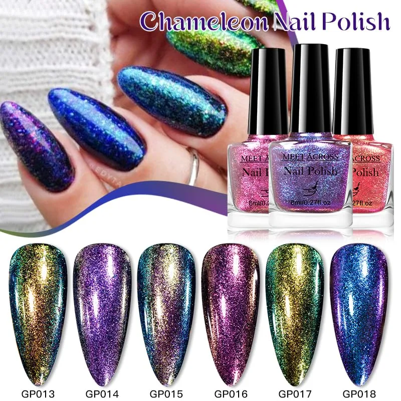 MEET ACROSS Nail Polish Set 6CPS Chameleon Nail Polish Glitter Nail Polish Air Quick Dry Nail Polish Pink Blue Purple Shimmer Iridescent Nail Polish No Require Cured Nail Art-Varnish