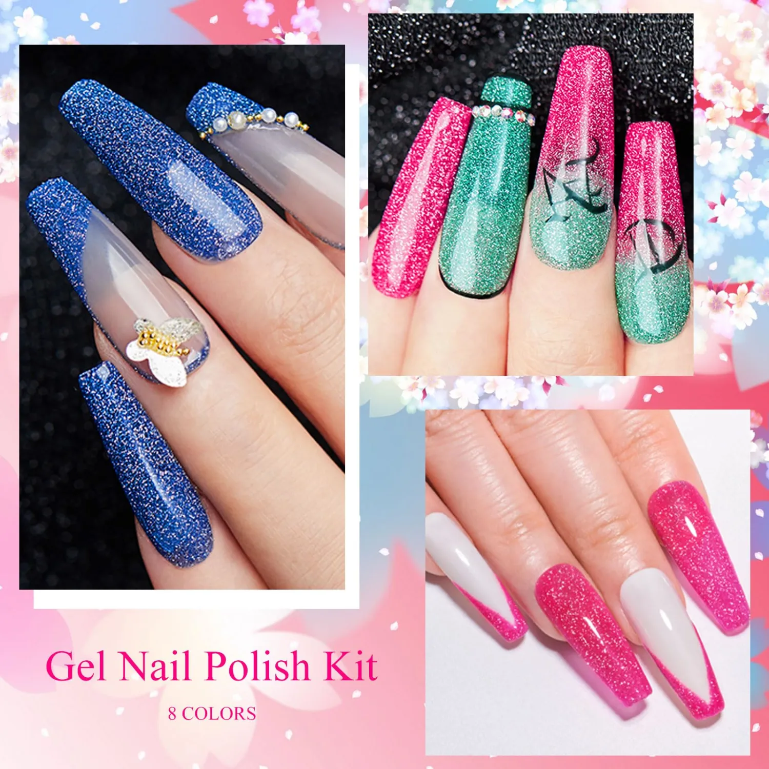 MEET ACROSS Glow in The Dark Gel Nail Polish Set Glitter Luminous Neon Nail Gel Polish 8PCS Royal Blue Glitter Gel Nail Polish Green Active Glow Nail Polish for DIY Nail Art Design