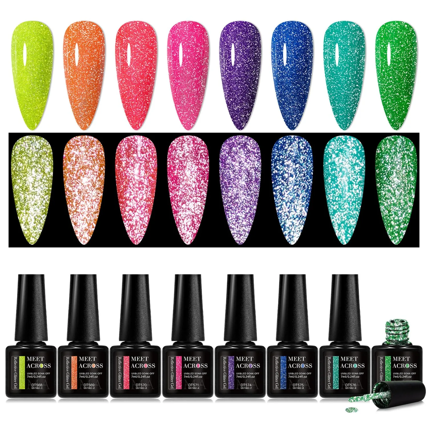MEET ACROSS Glow in The Dark Gel Nail Polish Set Glitter Luminous Neon Nail Gel Polish 8PCS Royal Blue Glitter Gel Nail Polish Green Active Glow Nail Polish for DIY Nail Art Design