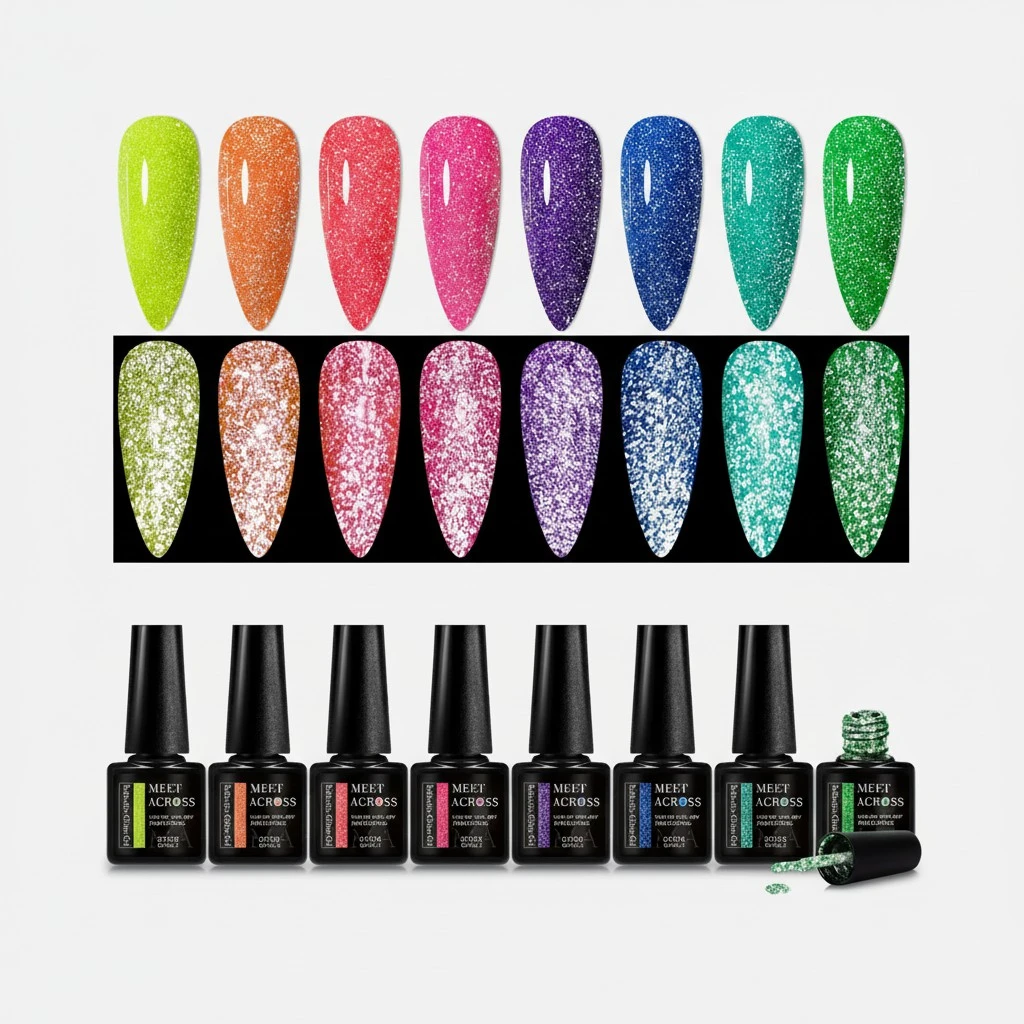 MEET ACROSS Glow in The Dark Gel Nail Polish Set Glitter Luminous Neon Nail Gel Polish 8PCS Royal Blue Glitter Gel Nail Polish Green Active Glow Nail Polish for DIY Nail Art Design