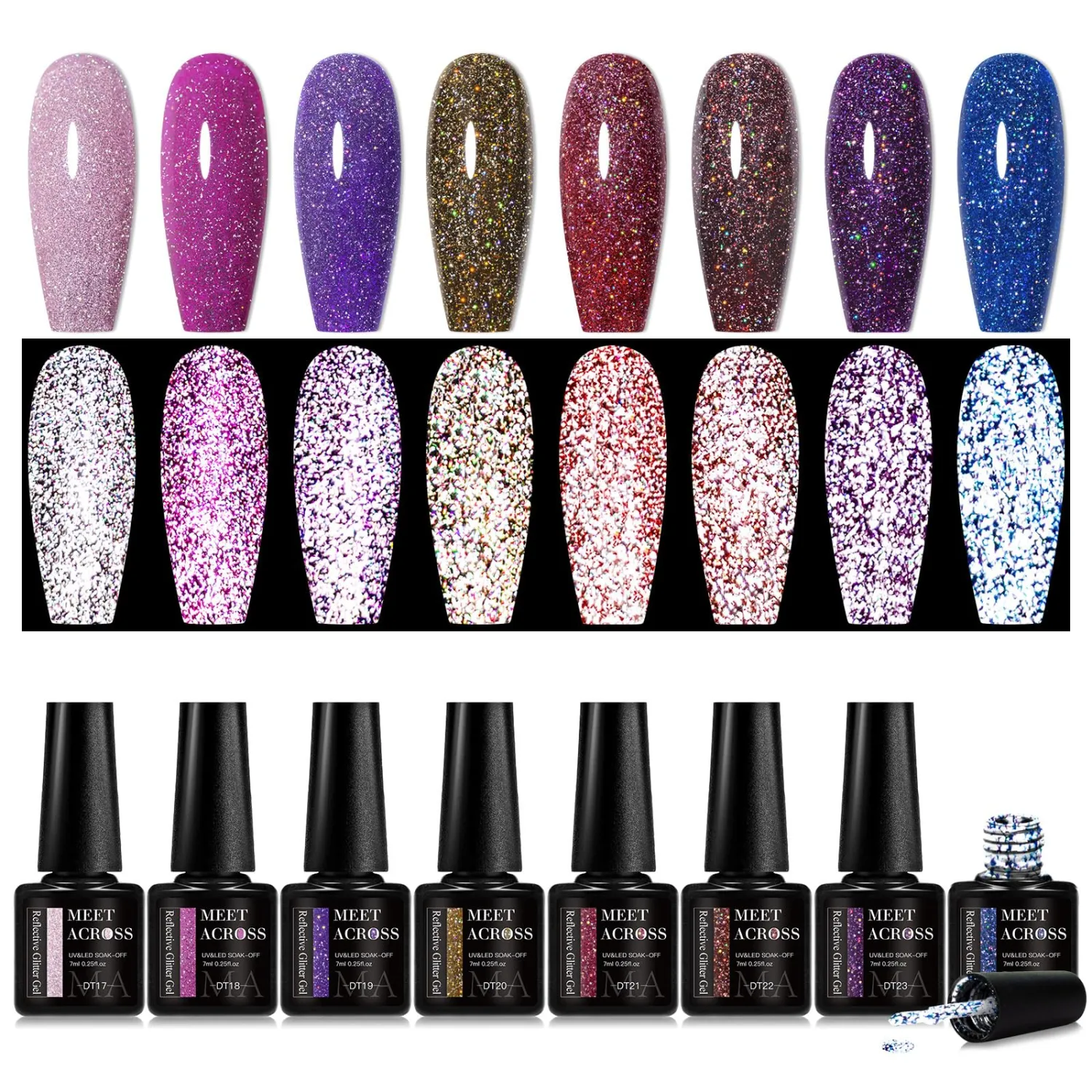 MEET ACROSS Reflective Glitter Gel Nail Polish Set 8 Colors Pink Purple Blue Glitter Gel Polish Kit UV/LED Soak Off Nail Polish Gel Home DIY Manicure Nail Salon for Women