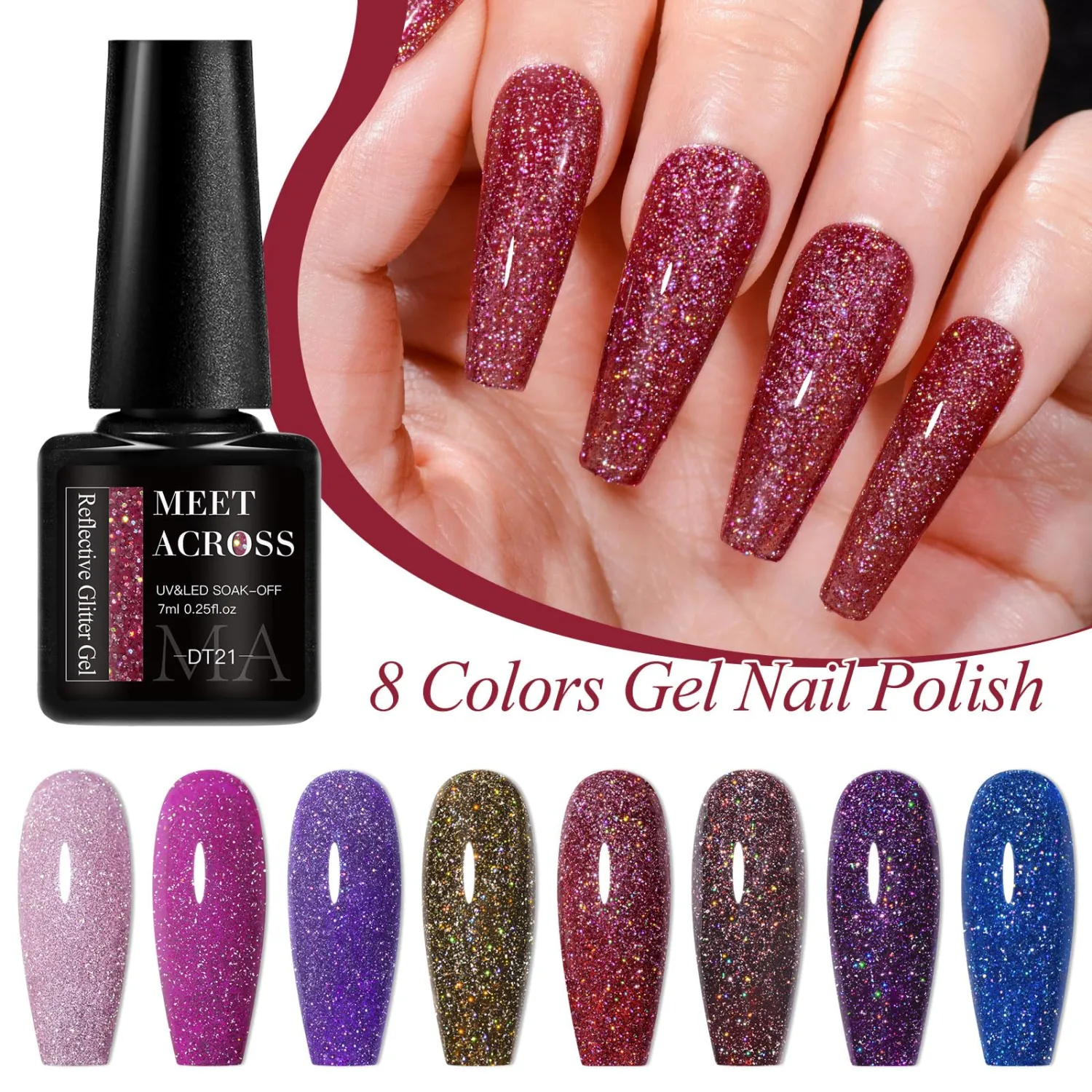 MEET ACROSS Reflective Glitter Gel Nail Polish Set 8 Colors Pink Purple Blue Glitter Gel Polish Kit UV/LED Soak Off Nail Polish Gel Home DIY Manicure Nail Salon for Women