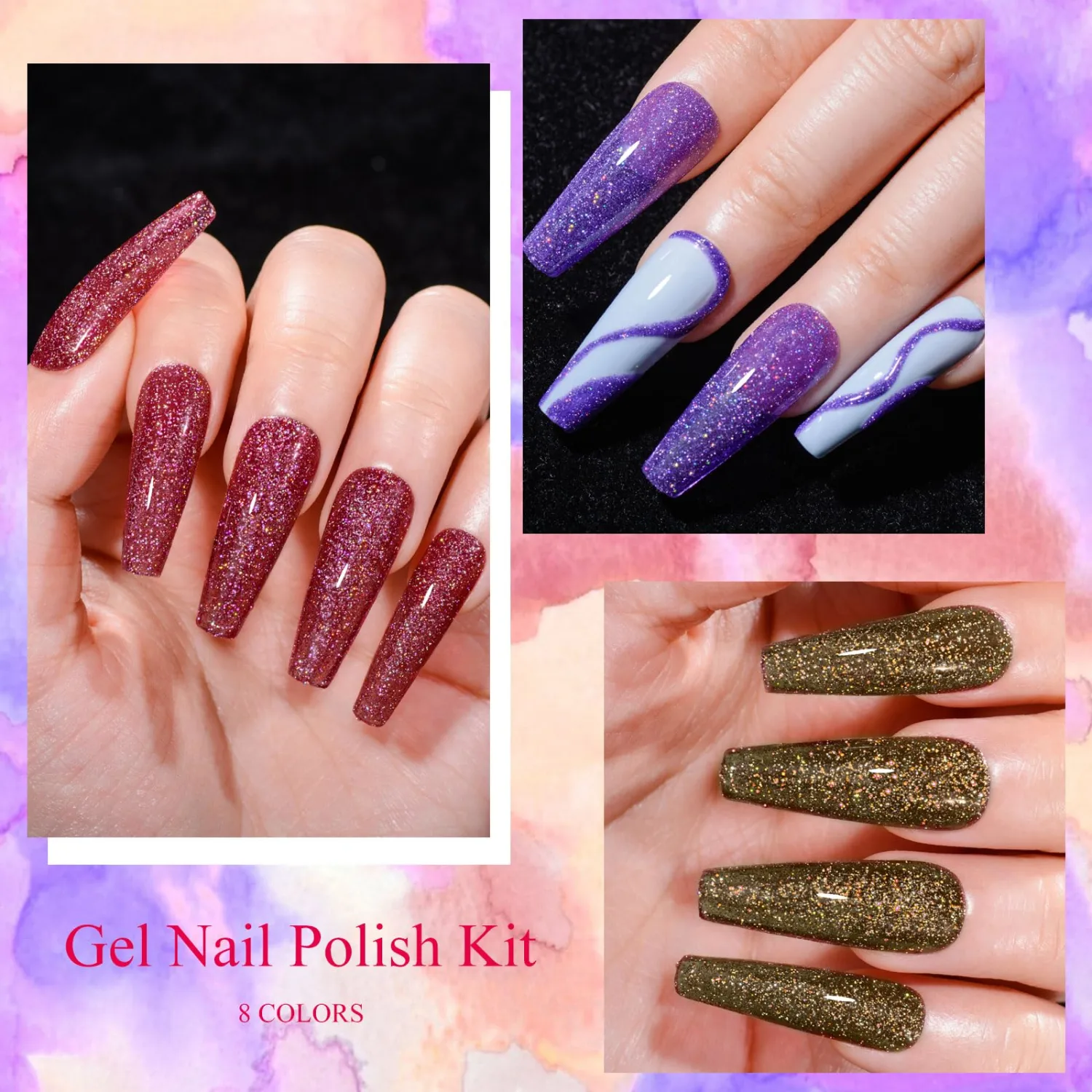 MEET ACROSS Reflective Glitter Gel Nail Polish Set 8 Colors Pink Purple Blue Glitter Gel Polish Kit UV/LED Soak Off Nail Polish Gel Home DIY Manicure Nail Salon for Women