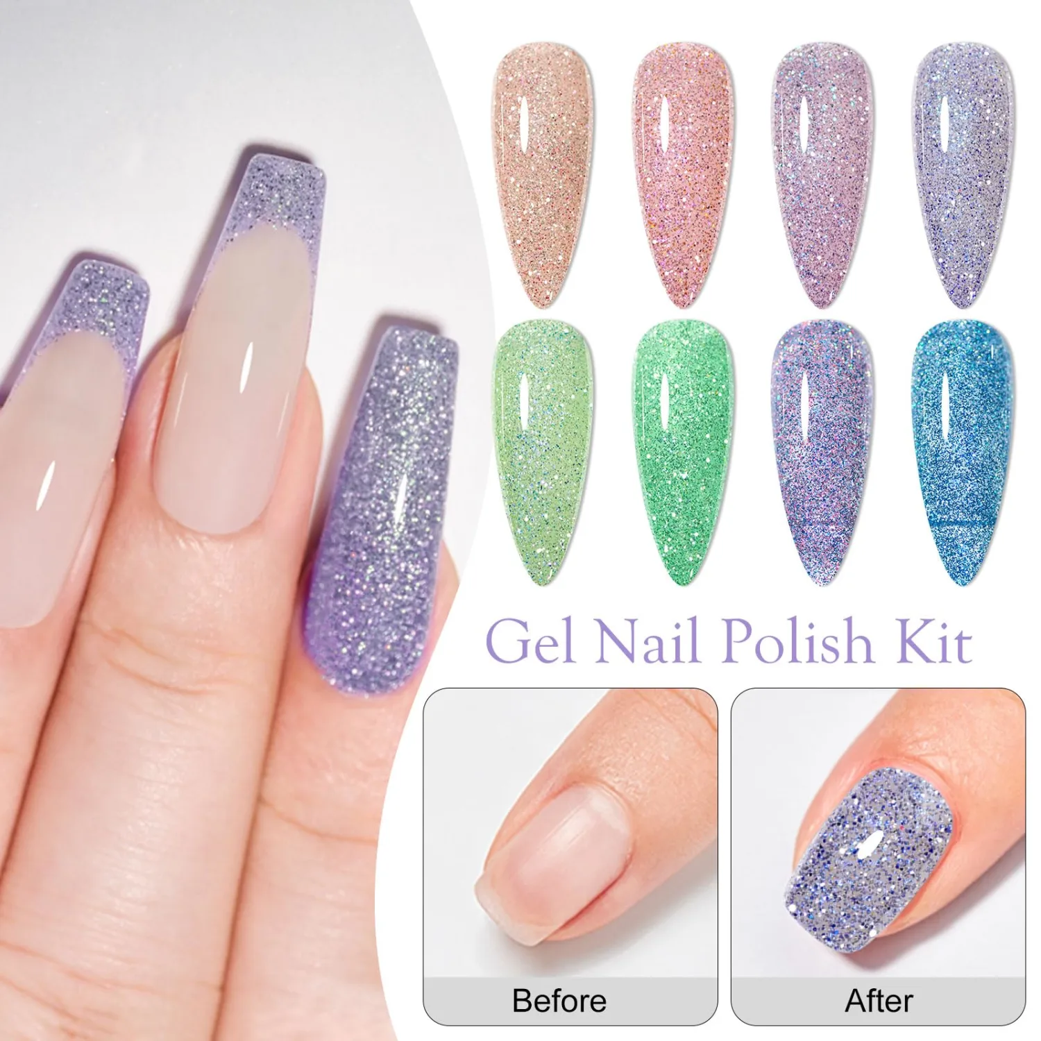 MEET ACROSS Glow in the Dark Gel Nail Polish Set Reflective Glitter Gel Nail Polish 8 Colors Gel Polish Set Pink Green Blue Purple Collection Soak Off UV Nail Art Gifts for Women