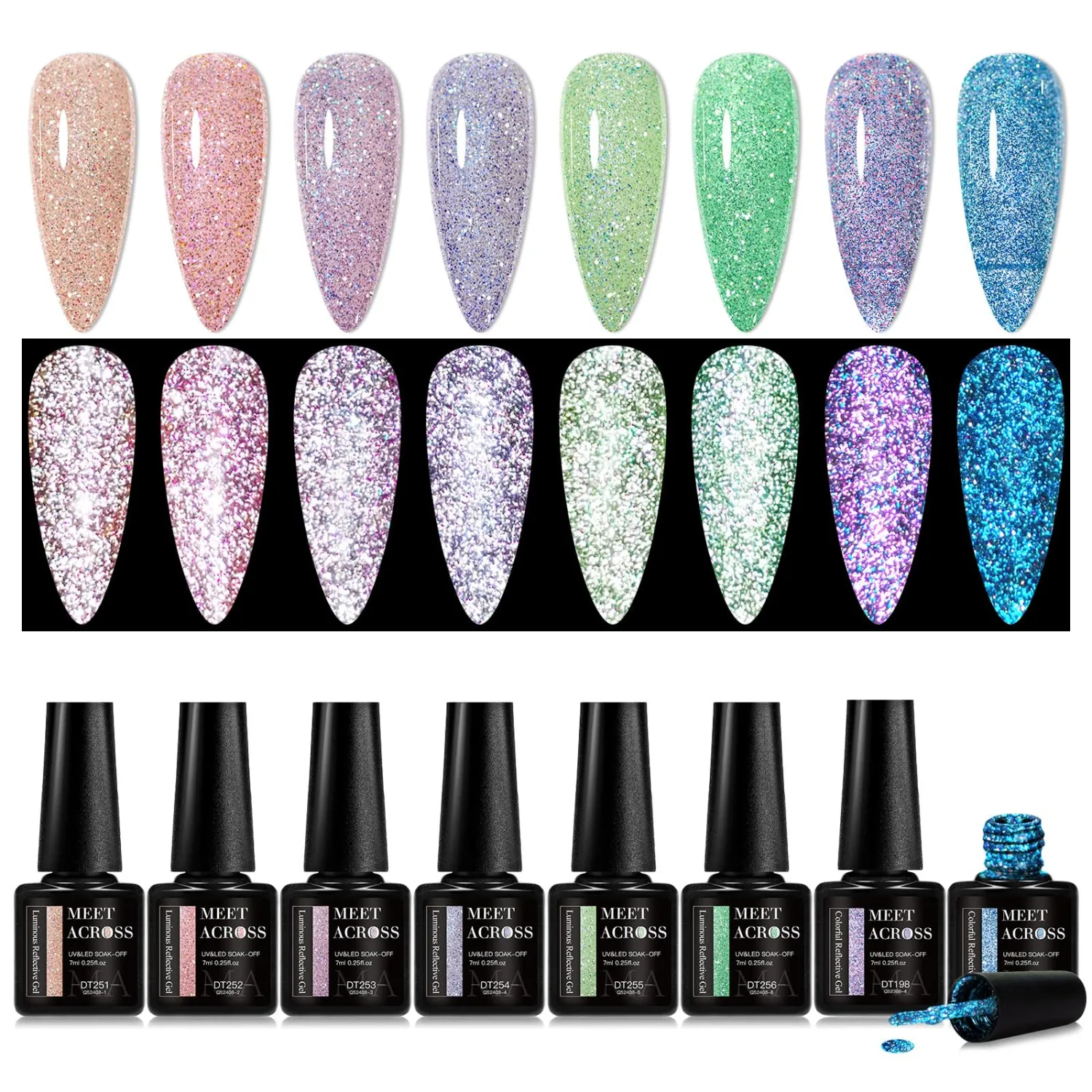 MEET ACROSS Glow in the Dark Gel Nail Polish Set Reflective Glitter Gel Nail Polish 8 Colors Gel Polish Set Pink Green Blue Purple Collection Soak Off UV Nail Art Gifts for Women
