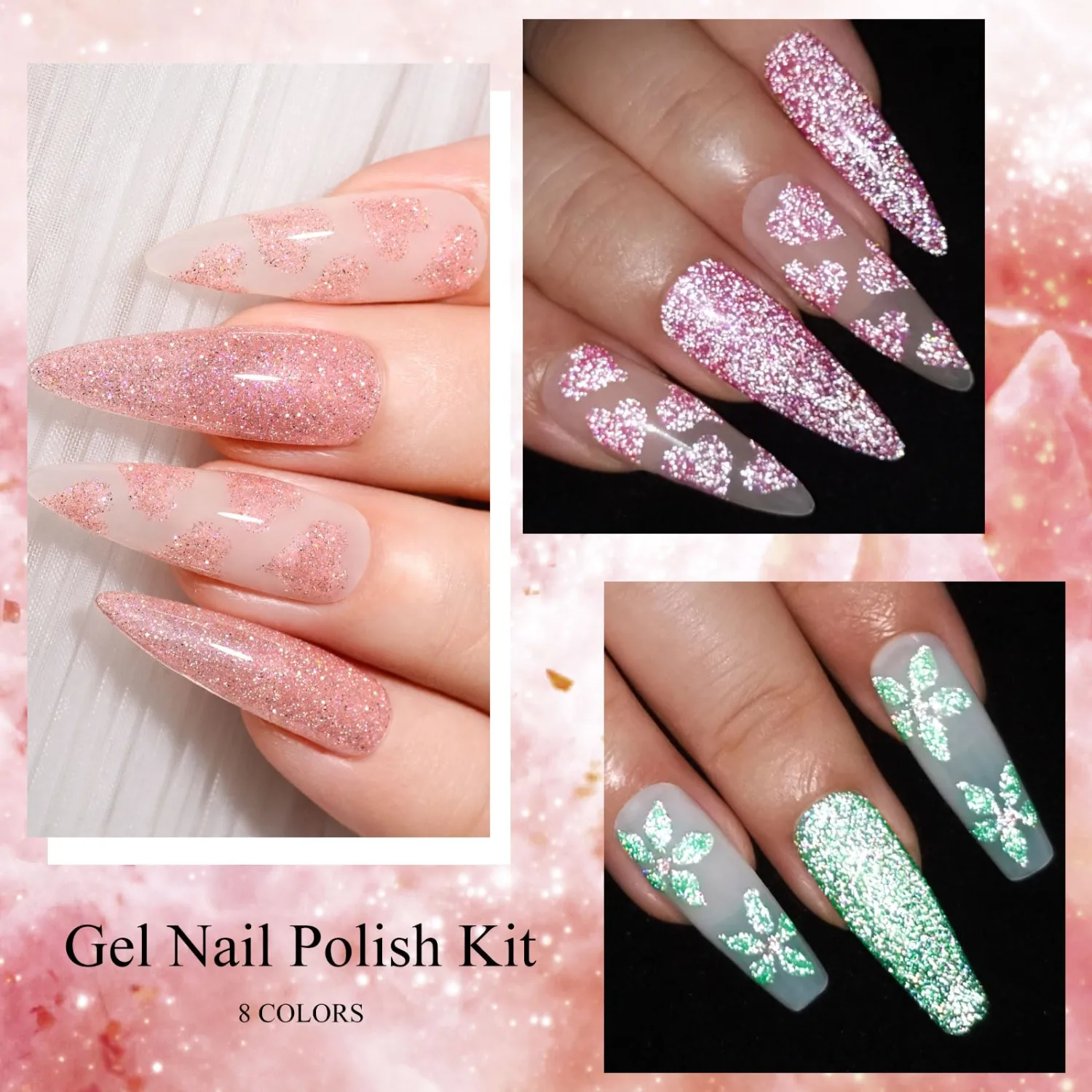 MEET ACROSS Glow in the Dark Gel Nail Polish Set Reflective Glitter Gel Nail Polish 8 Colors Gel Polish Set Pink Green Blue Purple Collection Soak Off UV Nail Art Gifts for Women