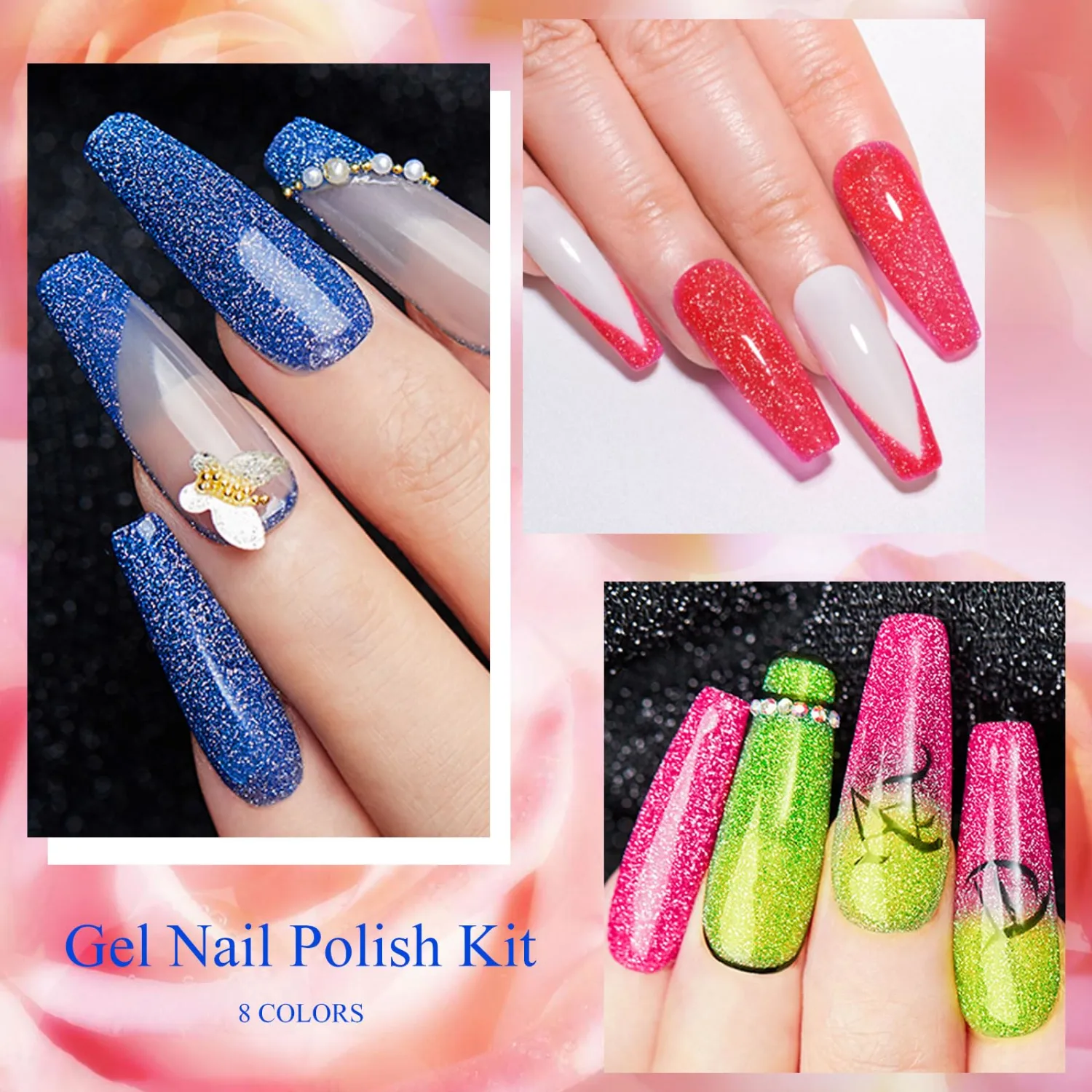 MEET ACROSS Neon Glitter Gel Nail Polish Gel Polish Set 8 Colors Fluorescent Gel Polish Kit Pink Purple Spring Summer Nail Polish Set Manicure Nail Art Design Women's Gifts