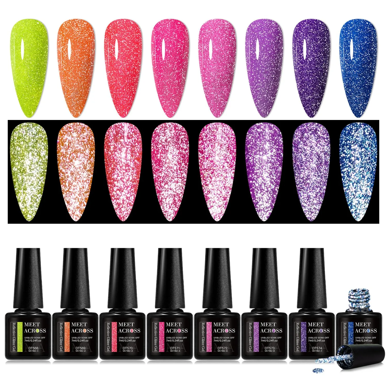 MEET ACROSS Neon Glitter Gel Nail Polish Gel Polish Set 8 Colors Fluorescent Gel Polish Kit Pink Purple Spring Summer Nail Polish Set Manicure Nail Art Design Women's Gifts