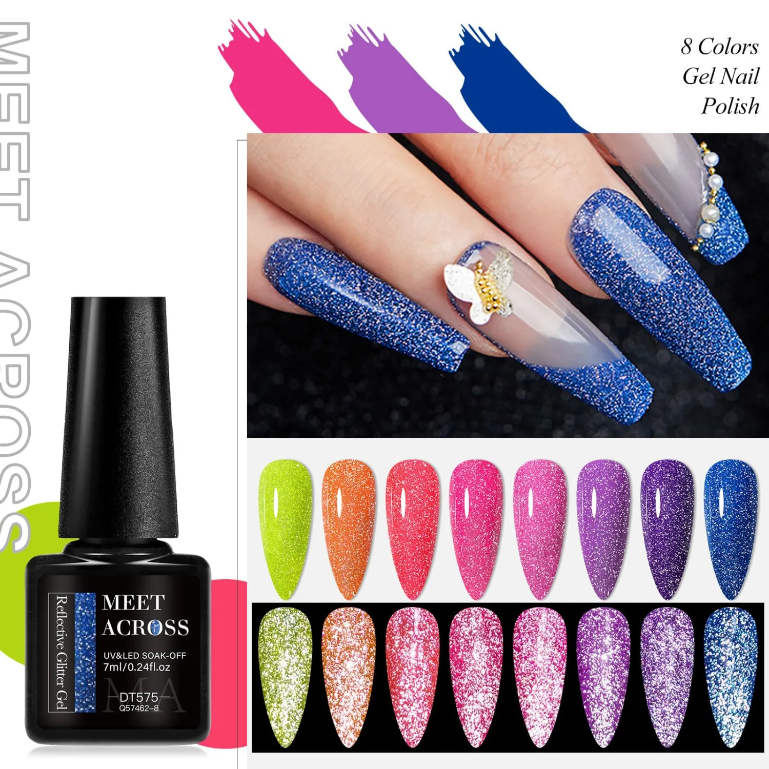 MEET ACROSS Neon Glitter Gel Nail Polish Gel Polish Set 8 Colors Fluorescent Gel Polish Kit Pink Purple Spring Summer Nail Polish Set Manicure Nail Art Design Women's Gifts