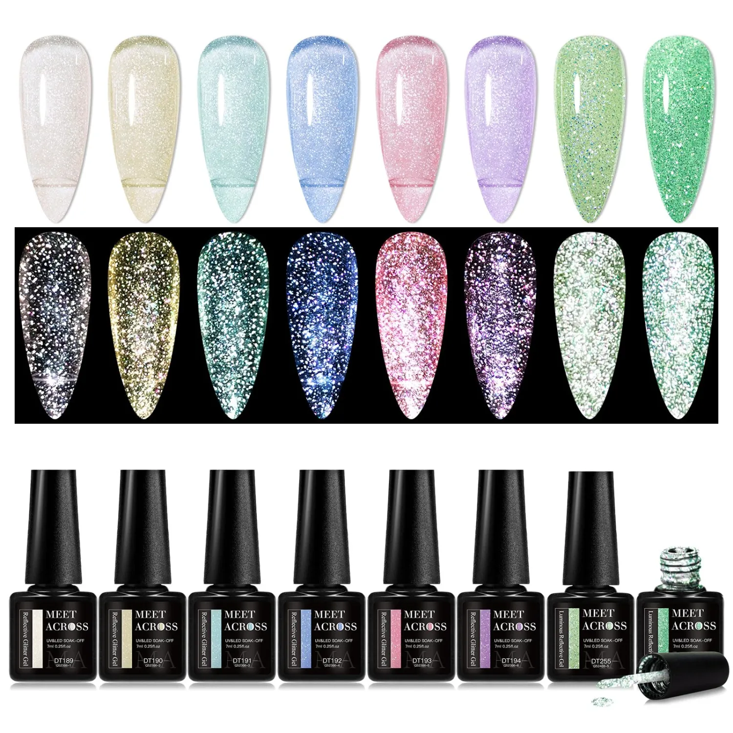 MEET ACROSS Glitter Gel Nail Polish Set for Nails Glow in The Dark Gel Polish Set 8PCS Jelly Gel Nail Polish Set Nude Gel Polish Nail Art DIY Manicure Gift for Women Girls