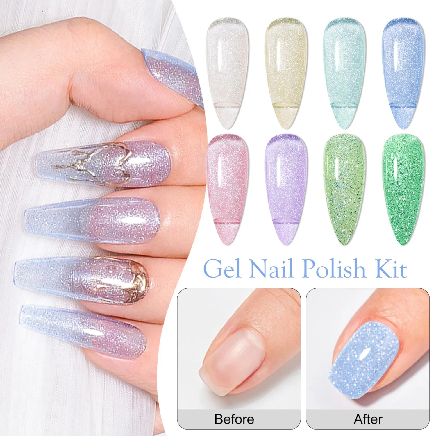MEET ACROSS Glitter Gel Nail Polish Set for Nails Glow in The Dark Gel Polish Set 8PCS Jelly Gel Nail Polish Set Nude Gel Polish Nail Art DIY Manicure Gift for Women Girls