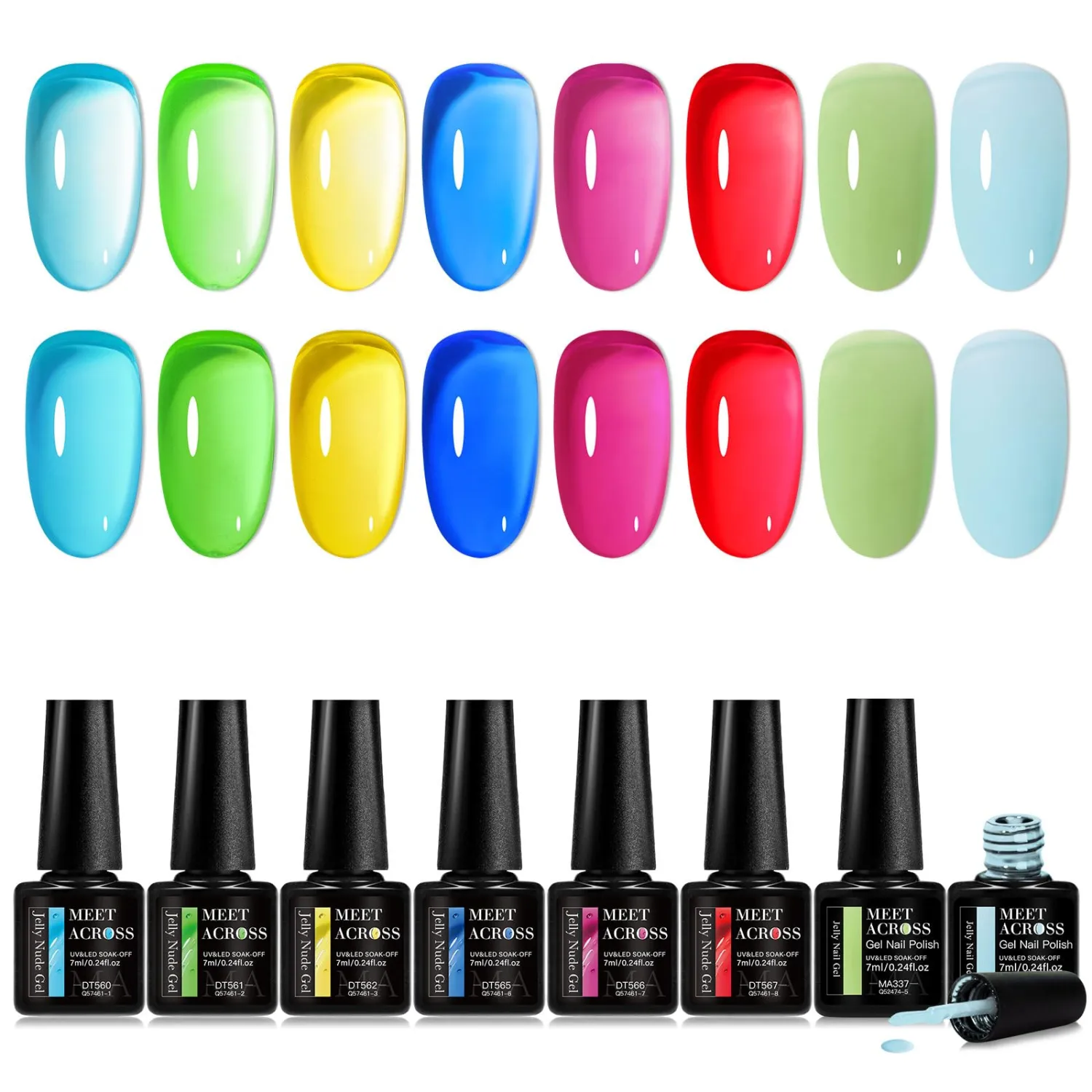 MEET ACROSS Jelly Gel Polish 8 Colors Neon Gel Nail Polish Transparent Nude Hot Pink Green Yellow Red Blue Garden Jelly Nail Polish Set Soak Off LED/UV Gel Gifts for Women