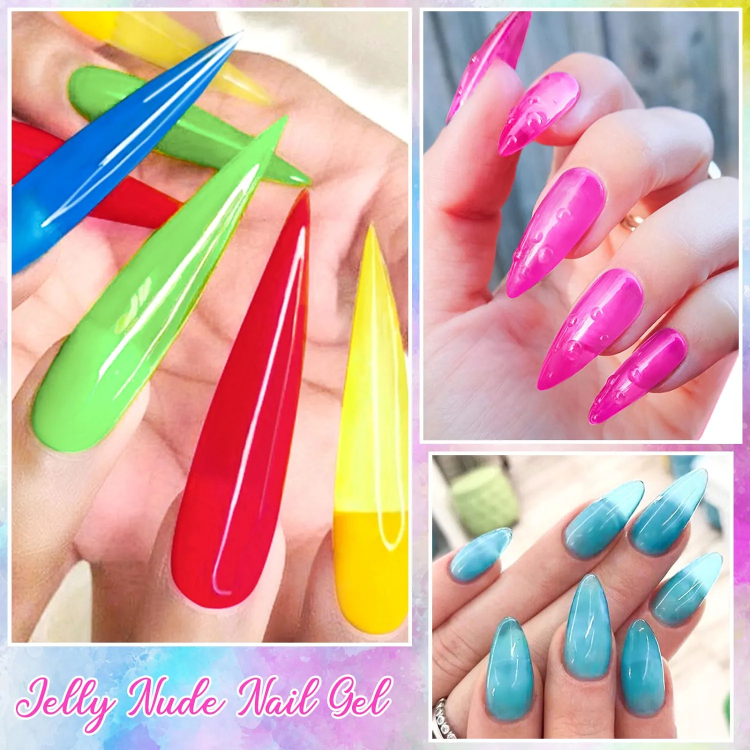 MEET ACROSS Jelly Gel Polish 8 Colors Neon Gel Nail Polish Transparent Nude Hot Pink Green Yellow Red Blue Garden Jelly Nail Polish Set Soak Off LED/UV Gel Gifts for Women