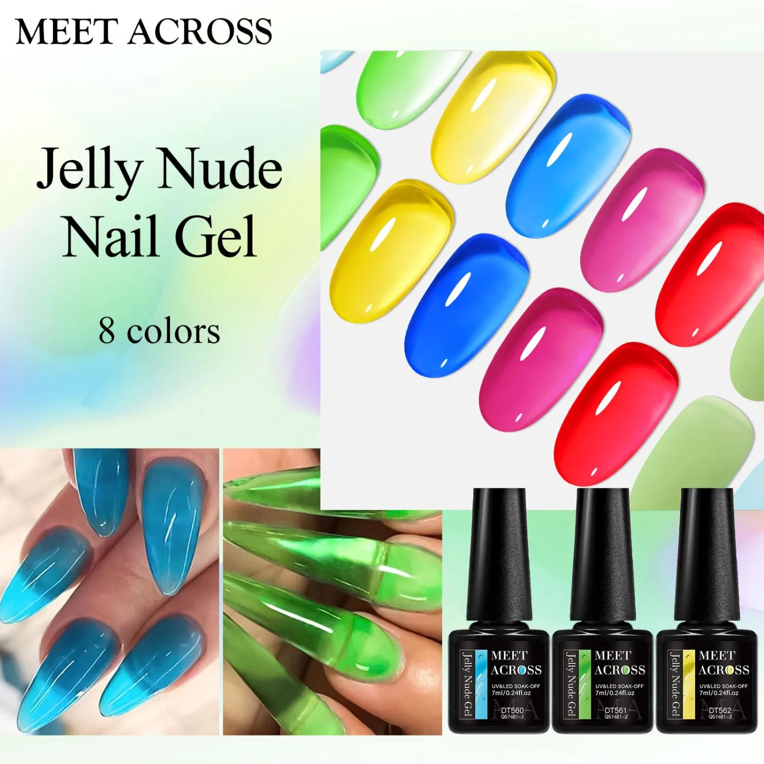 MEET ACROSS Jelly Gel Polish 8 Colors Neon Gel Nail Polish Transparent Nude Hot Pink Green Yellow Red Blue Garden Jelly Nail Polish Set Soak Off LED/UV Gel Gifts for Women