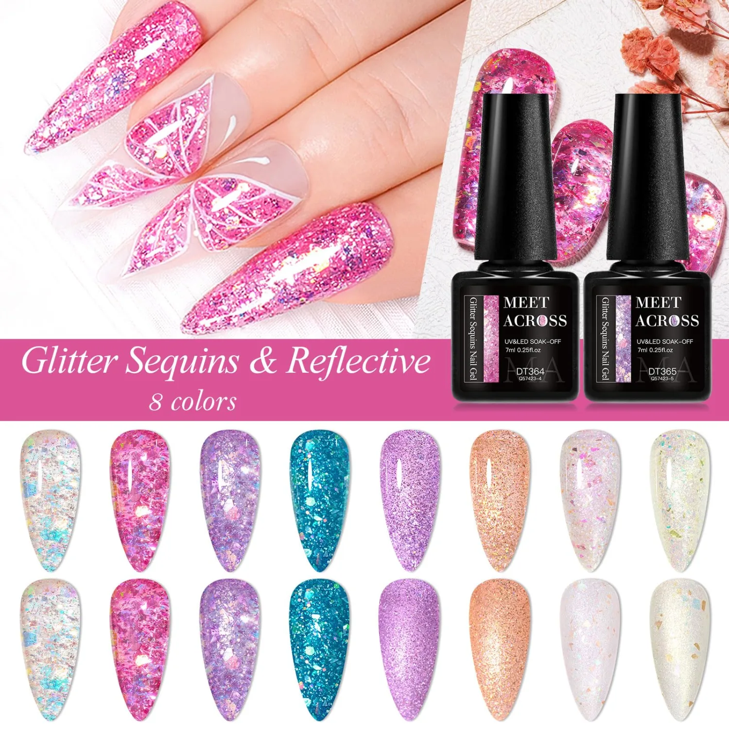 MEET ACROSS Glitter Gel Nail Polish Set 8PCS Sequines Gel Polish Kit Pink Blue Purple UV/LED Soak Off Nail Polish Gel Home DIY Manicure Nail Salon