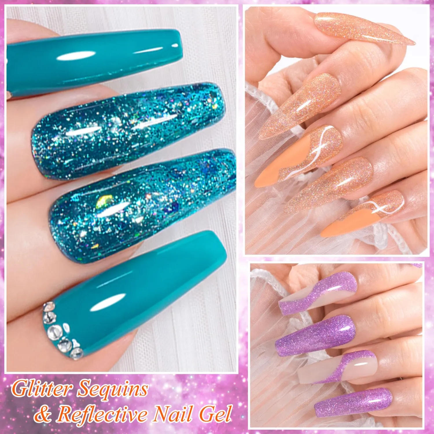 MEET ACROSS Glitter Gel Nail Polish Set 8PCS Sequines Gel Polish Kit Pink Blue Purple UV/LED Soak Off Nail Polish Gel Home DIY Manicure Nail Salon