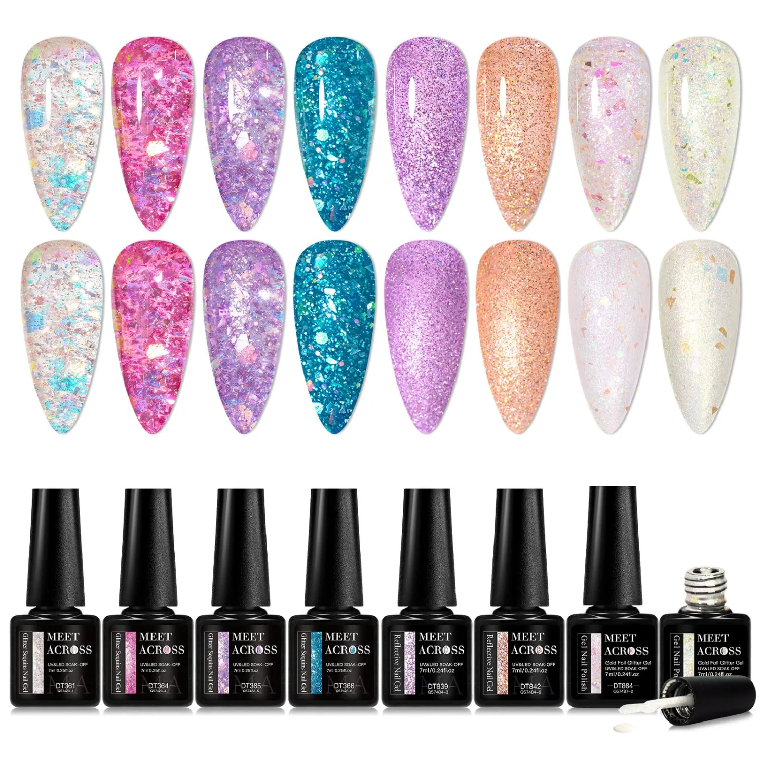 MEET ACROSS Glitter Gel Nail Polish Set 8PCS Sequines Gel Polish Kit Pink Blue Purple UV/LED Soak Off Nail Polish Gel Home DIY Manicure Nail Salon
