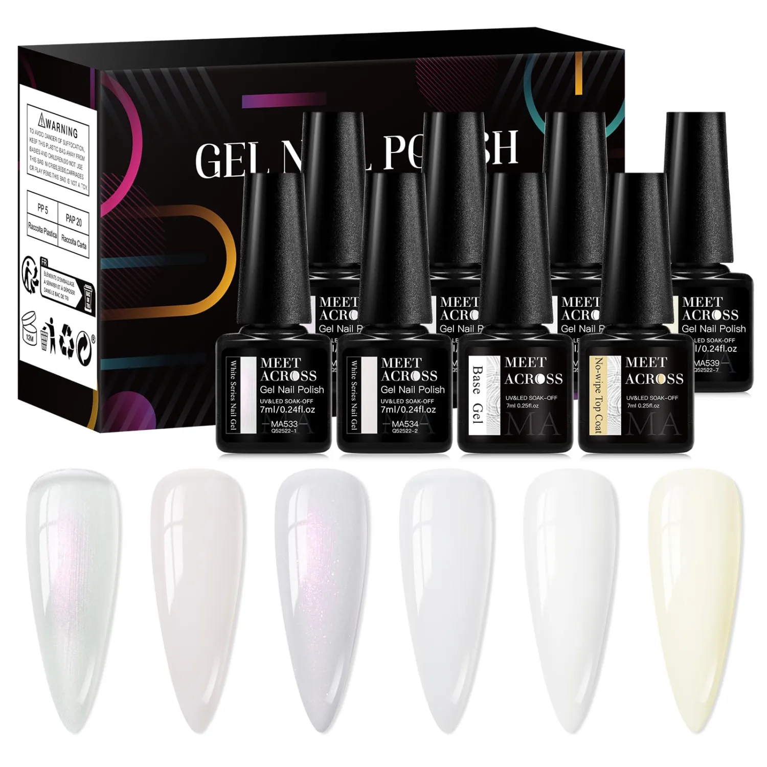 MEET ACROSS Gel Nail Polish 8Pcs Milky White Jelly Gel Polish Set 6 Colors Nude Color Translucent Nail Gel Soak Off UV Light Cure Gel Polish for Nail Art DIY Manicure at Home
