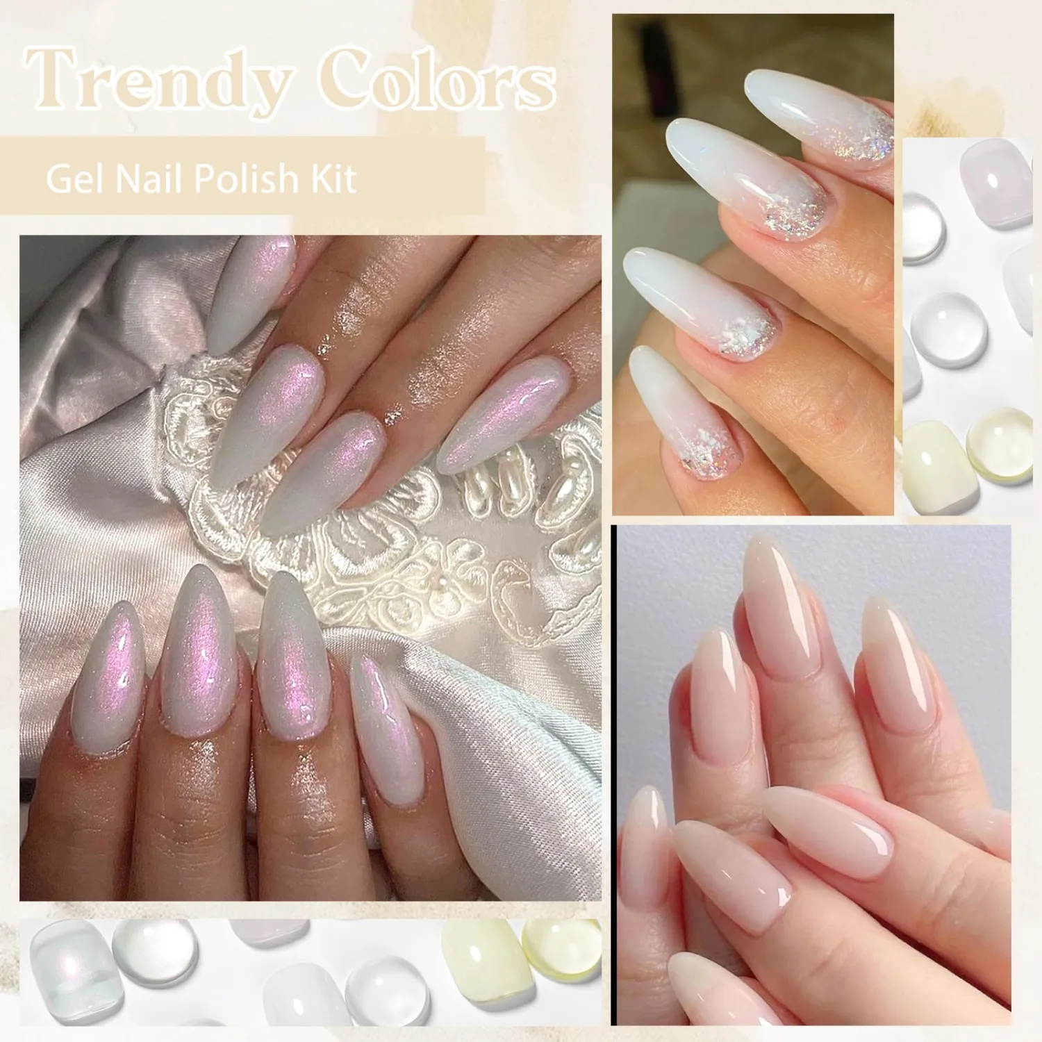 MEET ACROSS Gel Nail Polish 8Pcs Milky White Jelly Gel Polish Set 6 Colors Nude Color Translucent Nail Gel Soak Off UV Light Cure Gel Polish for Nail Art DIY Manicure at Home