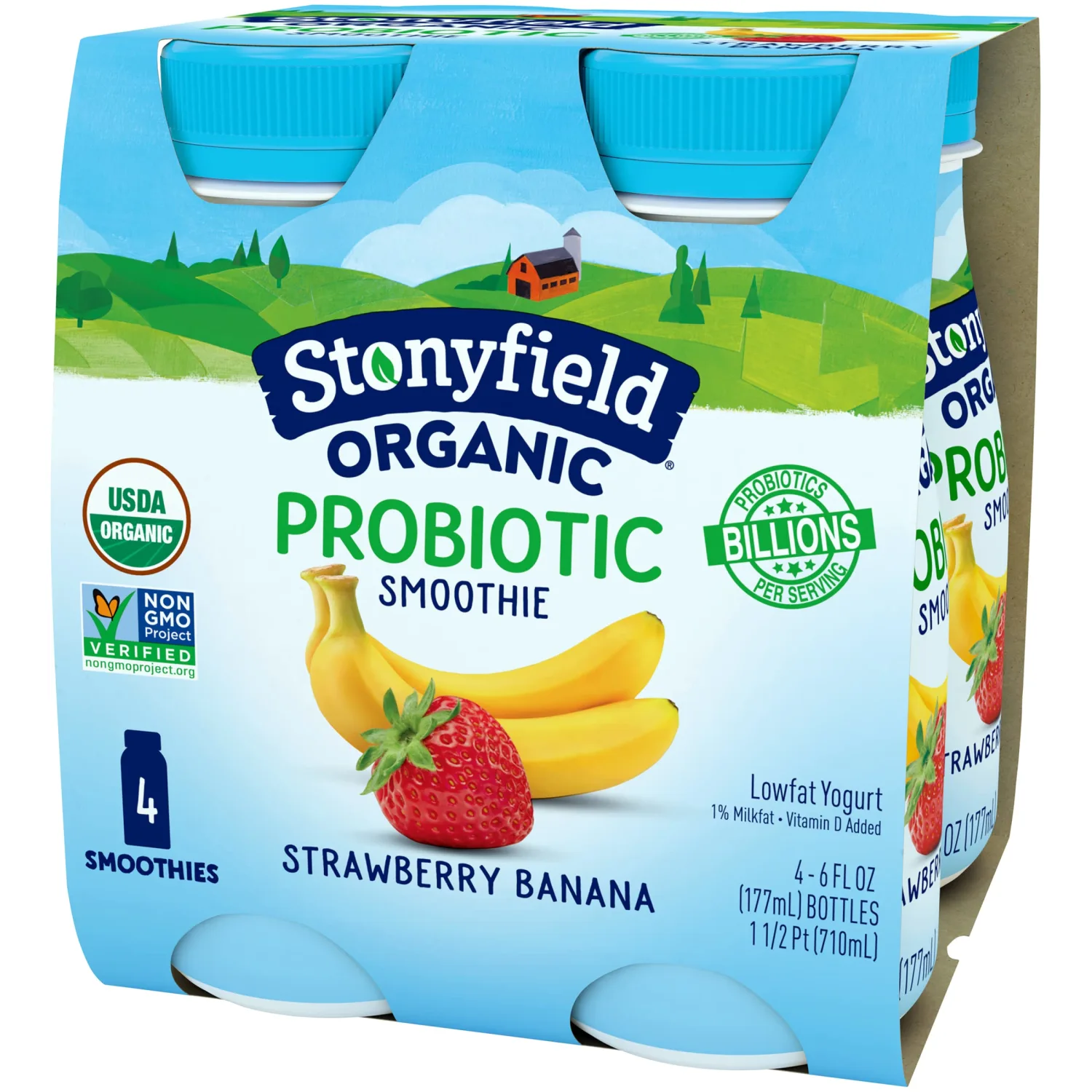 Stonyfield Farm Strawberry Banana Probiotic Smoothie, 6 Fl Oz, 4 Pack