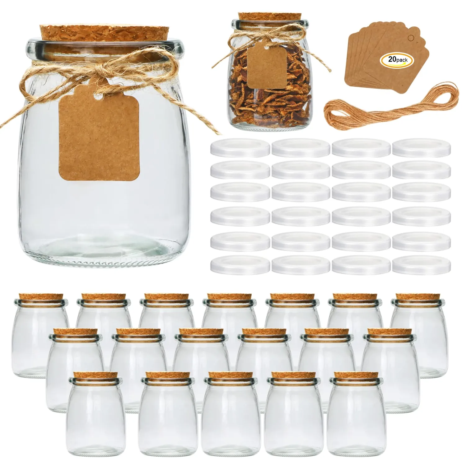 Brajttt Mini Yogurt Jars 6 Pack, 7 oz Glass Favor Jars with Cork Lids, Pudding Containers with Lids, Mason Jar Wedding Favors Honey Pot with Label Tags and String