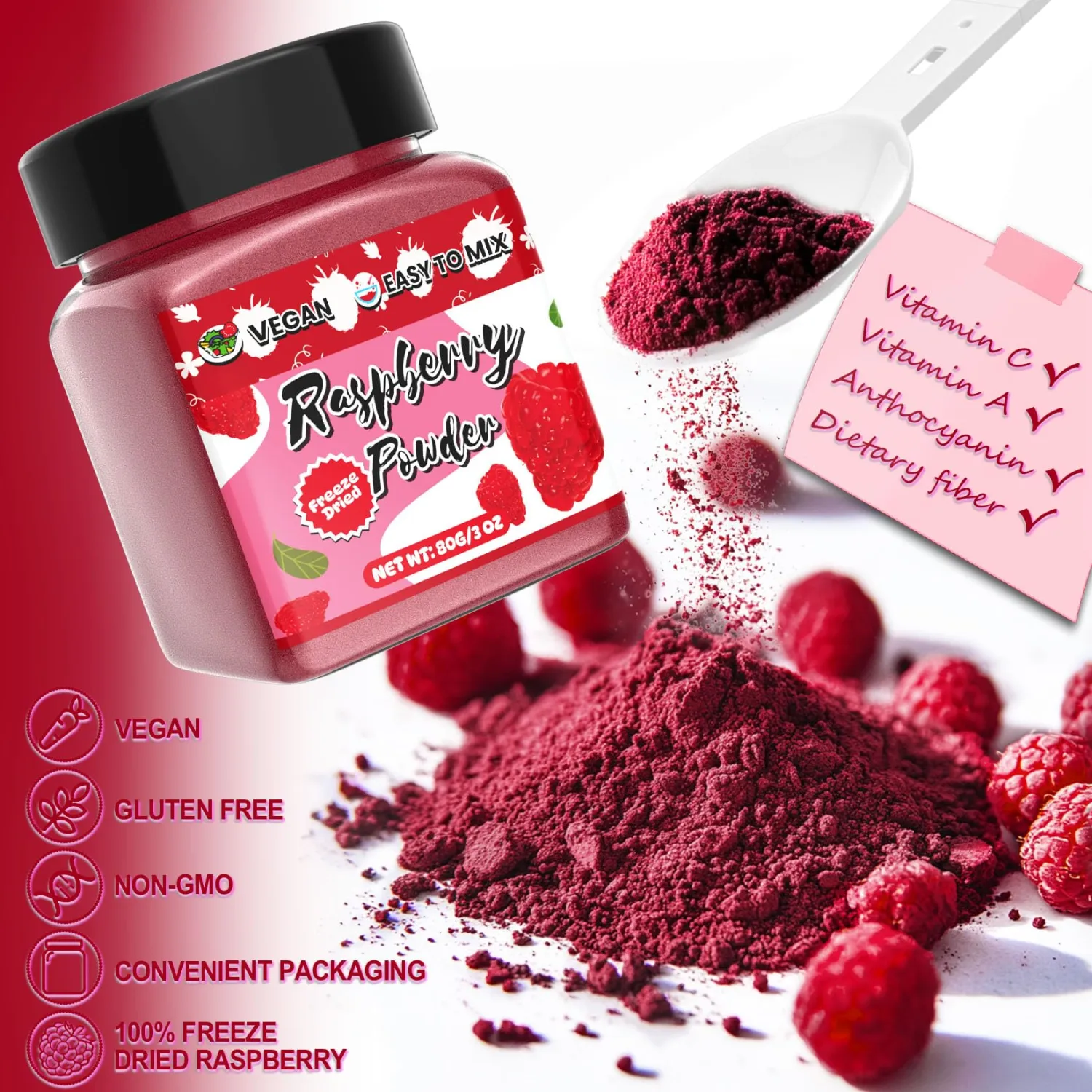 Raspberry Powder - 100% Natural Freeze Dried Raspberry Powder, No Additive Natural Food Coloring, Ideal for Baking, Smoothies, Beverages, Yogurt Bowls, Non-GMO, Vegan - 3oz