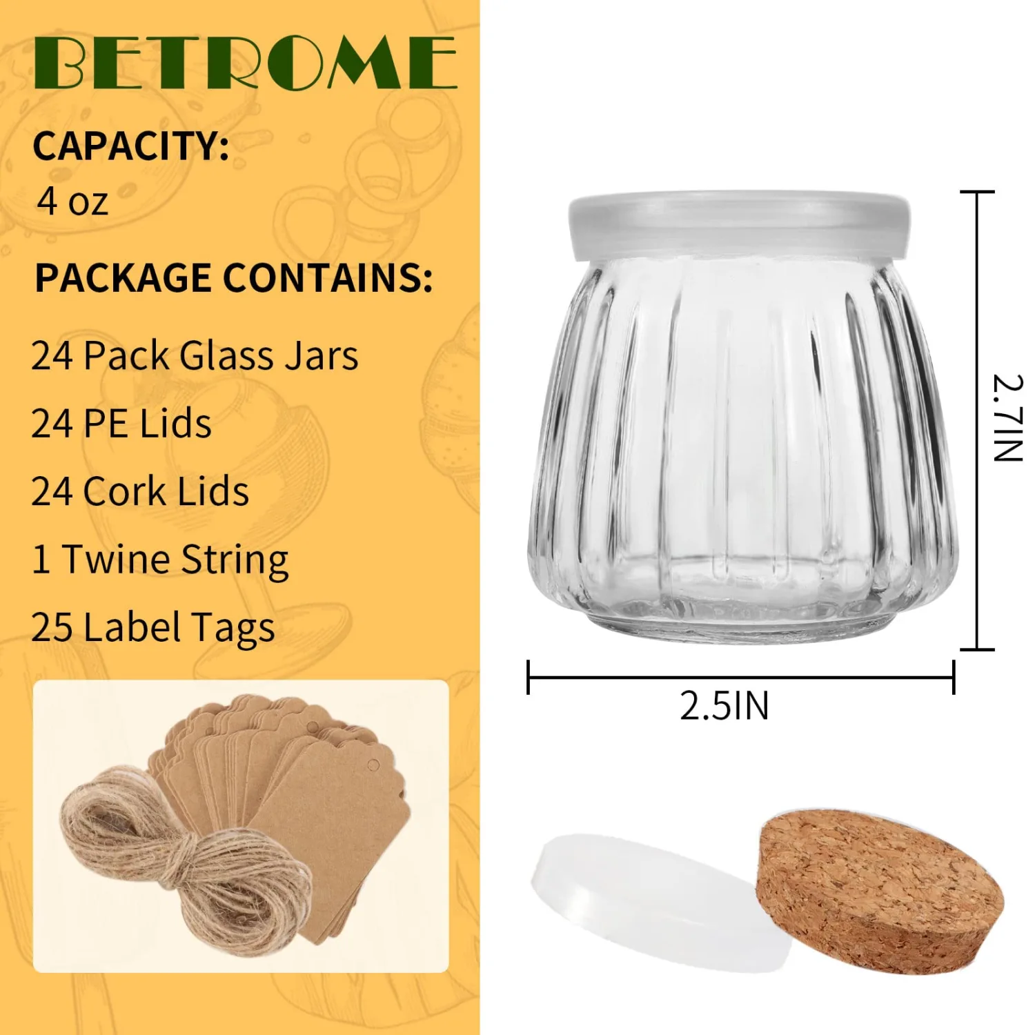 4oz Glass Jars with PE Lids and Cork Lids, 24 Pack Mini Pudding Jars Yogurt Jars Containers for Spice, Jam, honey, Mousse, Wedding, Shower Favors, DIY and Art