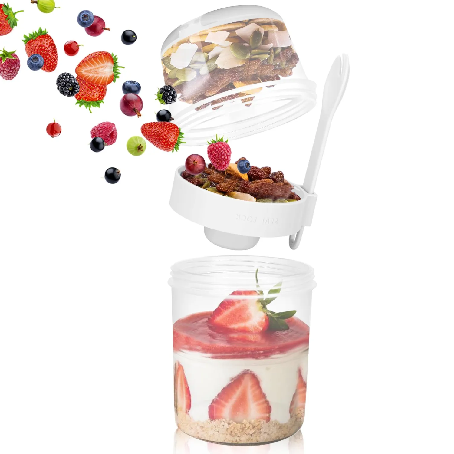 MultiOutools Overnight Oats Containers with Lids, 29 oz Breakfast On the Go Cups, Take and Go Yogurt Container with Spoon for Travel, Gym, Office（White）