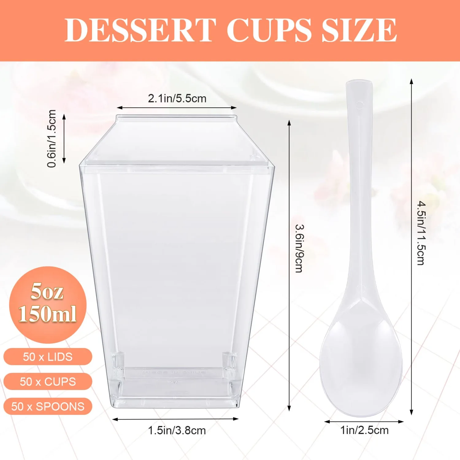 50Pack 5 oz Dessert Cups with Lids and Spoons,Square Parfait Cups,Appetizer Cups for Party,Mini Dessert Cups with Spoons,Clear Plastic Dessert Shooter Cups for Pudding Yogurt Fruit Ice Cream