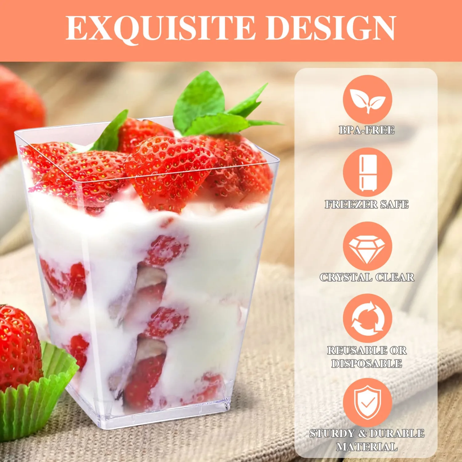 50Pack 5 oz Dessert Cups with Lids and Spoons,Square Parfait Cups,Appetizer Cups for Party,Mini Dessert Cups with Spoons,Clear Plastic Dessert Shooter Cups for Pudding Yogurt Fruit Ice Cream