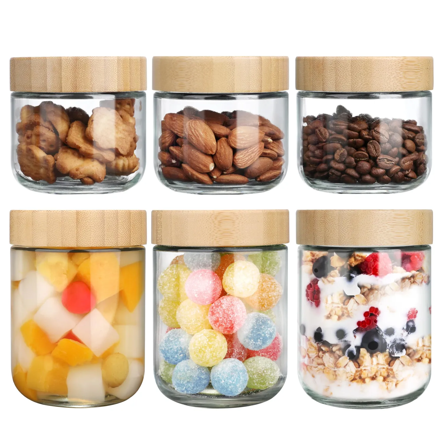 OcePor 6 Pack Glass Jars with Bamboo Lids, Over Night Oats Container with Airtight Lid, Glass Snack Storage Salad Jars For Food, Yogurt, Sugar and Flour,Coffee Bean, Cookie, Cereal