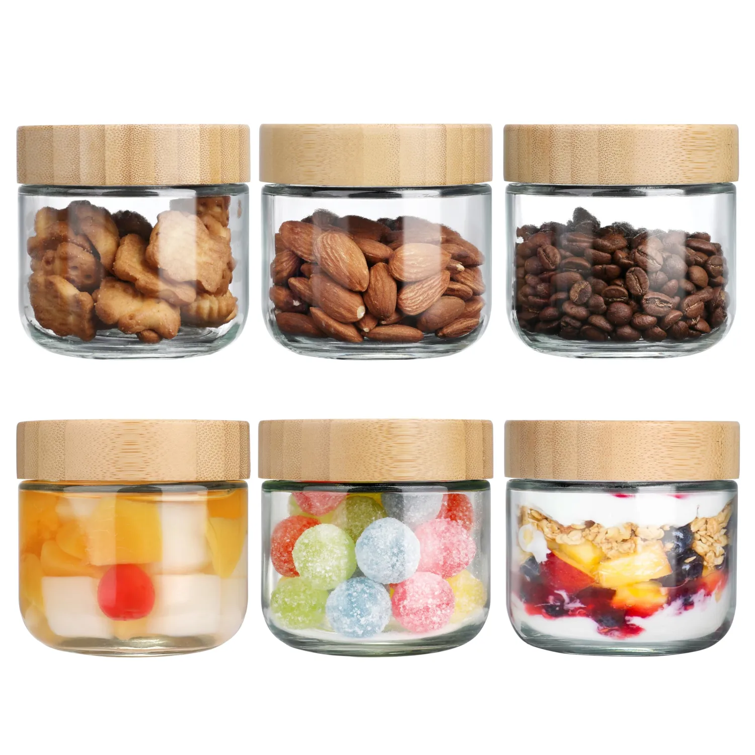 OcePor 6 Pack 10oz Glass Jars with Bamboo Lids, Over Night Oats Container with Airtight Lid, Glass Snack Storage Salad Jars For Food, Yogurt, Sugar and Flour,Coffee Bean, Cookie, Cereal