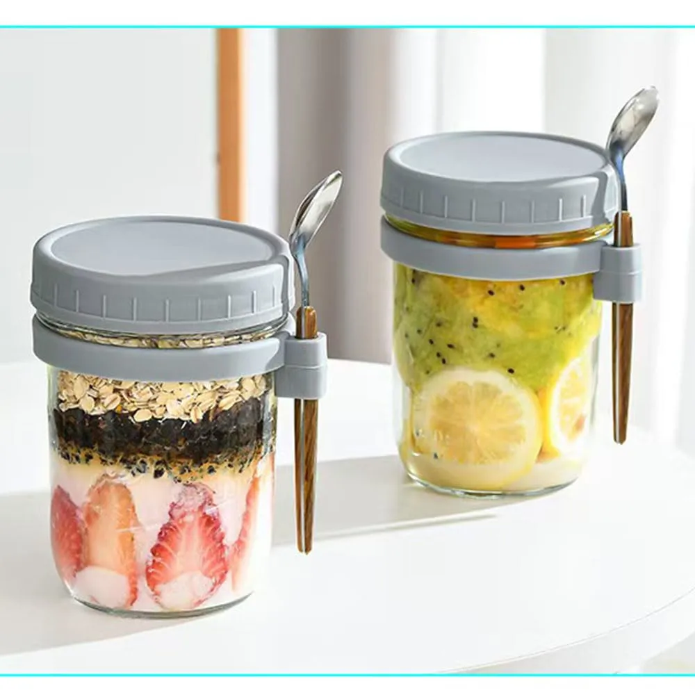 Overnight Oats Containers with Lids and Spoons,16 Oz Glass Mason Jars Oats Leak Proof, Airtight Oatmeal Container with Measurement Marks for Cereal Fruit Vegetable Yogurt Meal (Grey White-2Pack)