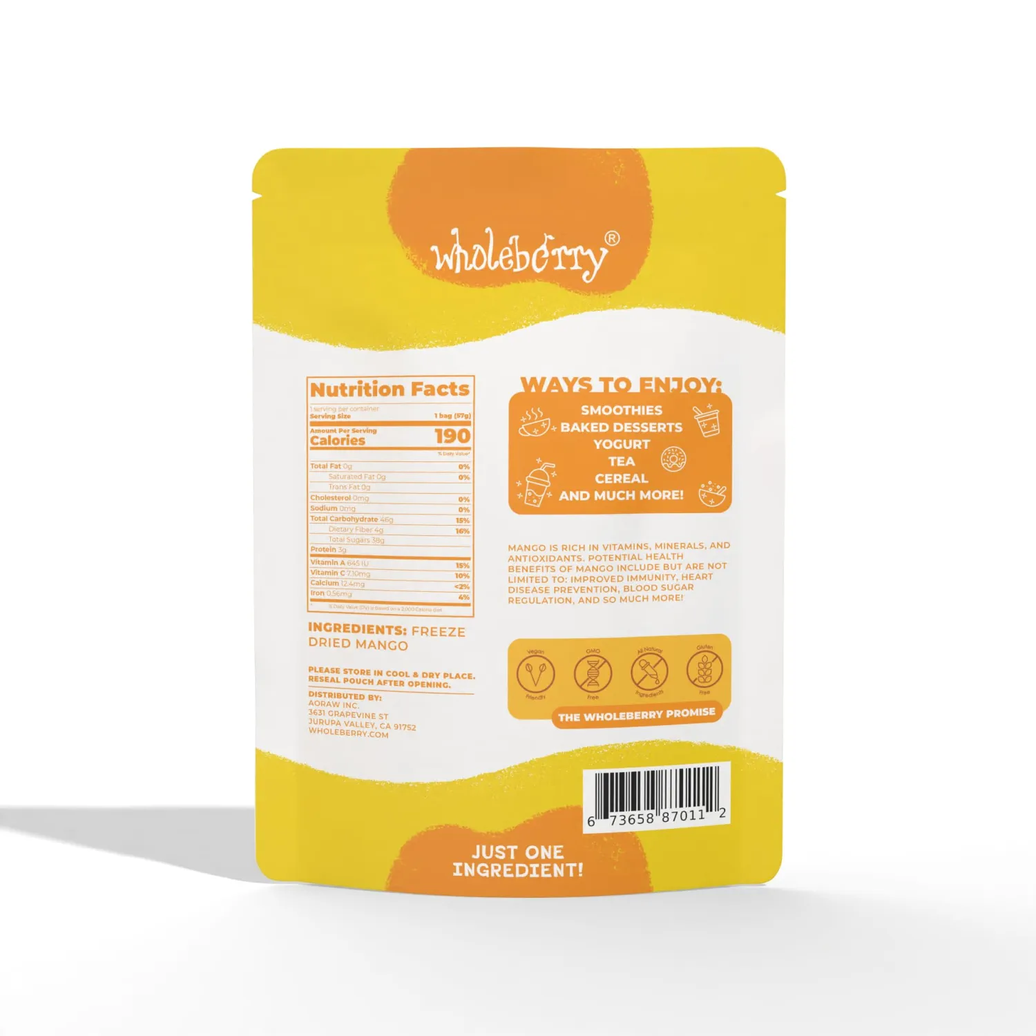 Wholeberry Freeze Dried Mango 2oz Freeze Dried Fruit Snack Perfect for Smoothies, Baking, Yogurt & Tea - 100% Natural Ripe Fruit from Thailand, No Sugar Added - Pack of 2