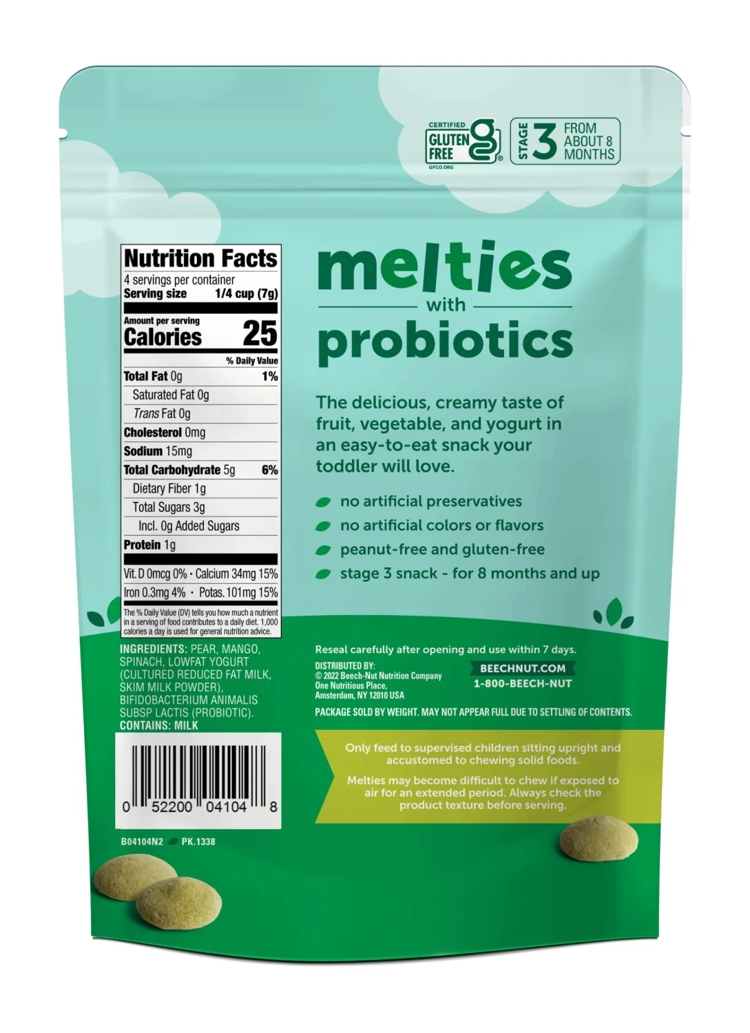 Beech-Nut Probiotic Melties Pear Mango Spinach Yogurt Melts Baby & Toddler Snack, 1oz Bag