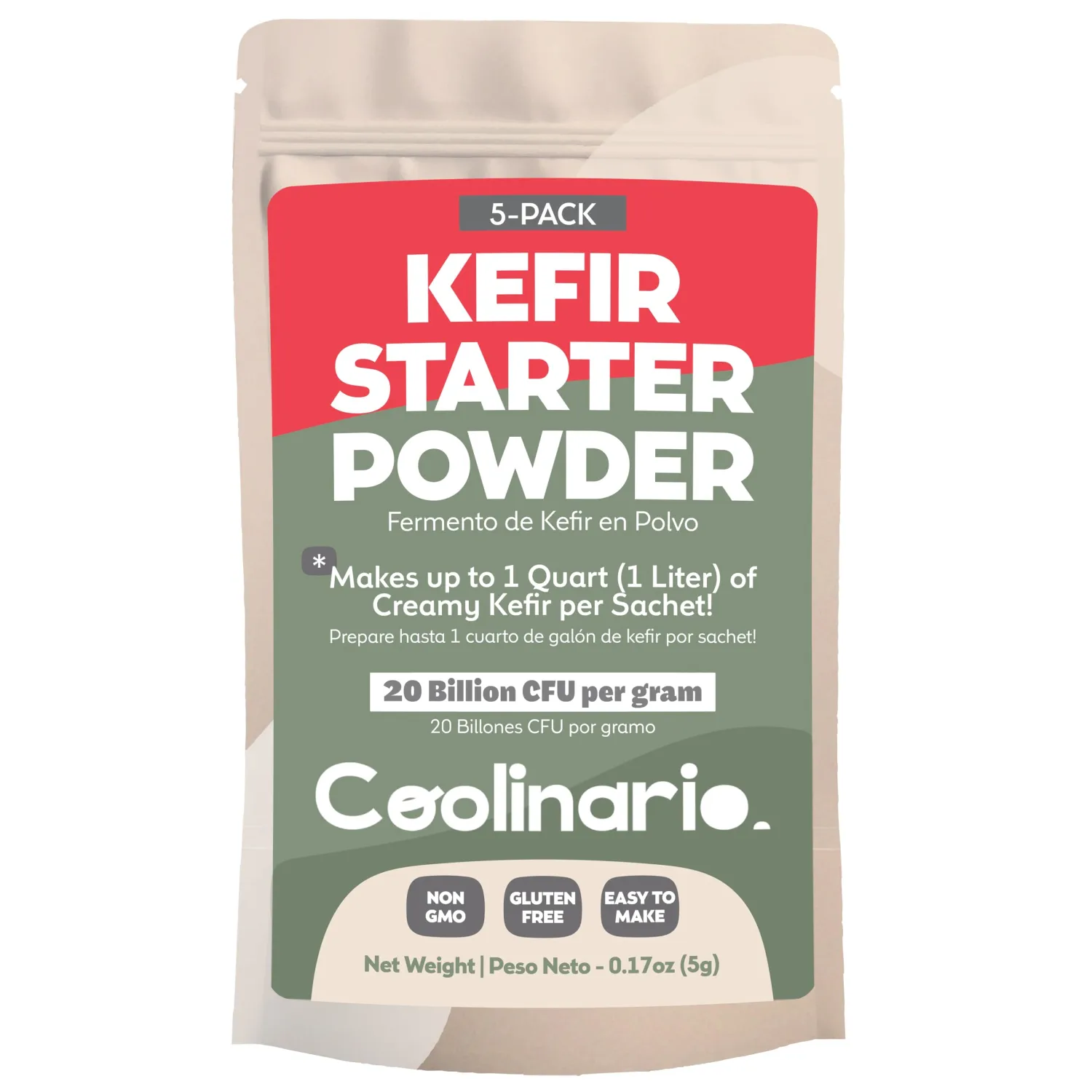 Coolinario Kefir Starter Culture (5-Pack, 1g Sachets) Live Probiotic Cultures for Homemade Kefir | Smooth, Creamy & Tangy | Non-GMO, No Preservatives, Gluten Free, Halal, Kosher