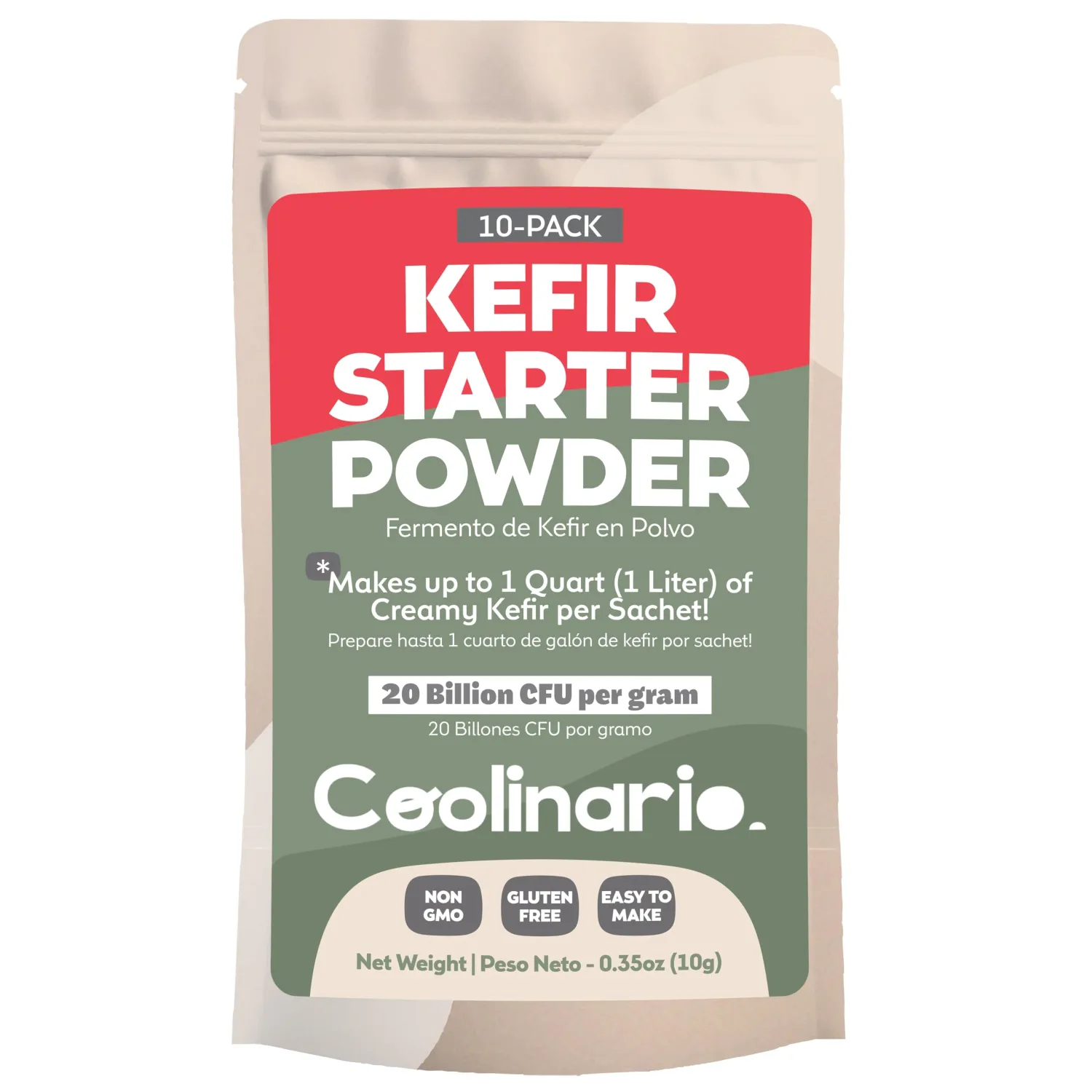 Coolinario Kefir Starter Culture (10-Pack, 1g Sachets) Live Probiotic Cultures for Homemade Kefir | Smooth, Creamy & Tangy | Non-GMO, No Preservatives, Gluten Free, Halal, Kosher