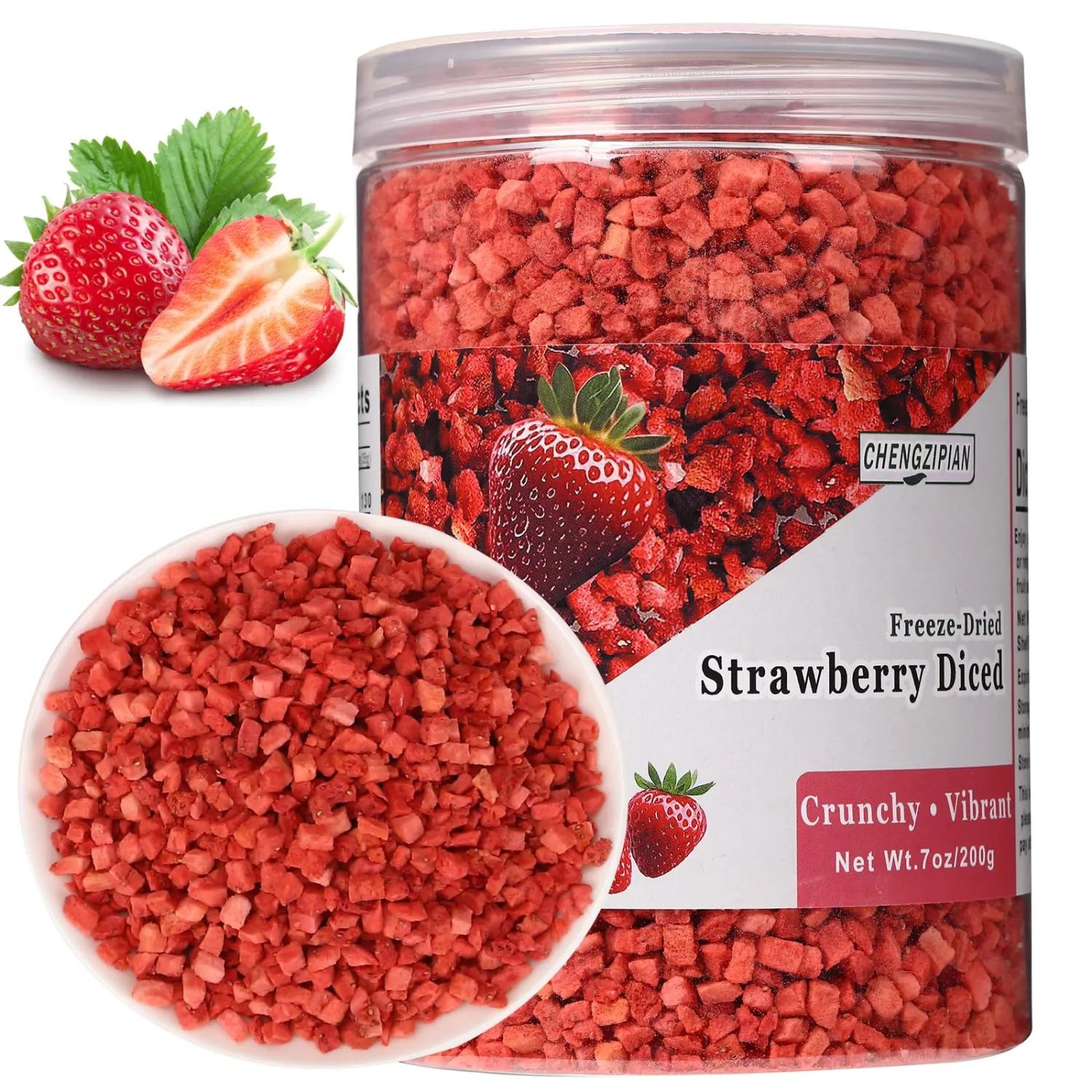 Freeze Dried Strawberries Diced,Resealable Bucket,200g/7oz, Natural & No Additives,No Sugar,for Snacks, Baking Drinks Yogurt Cereal, Cooking