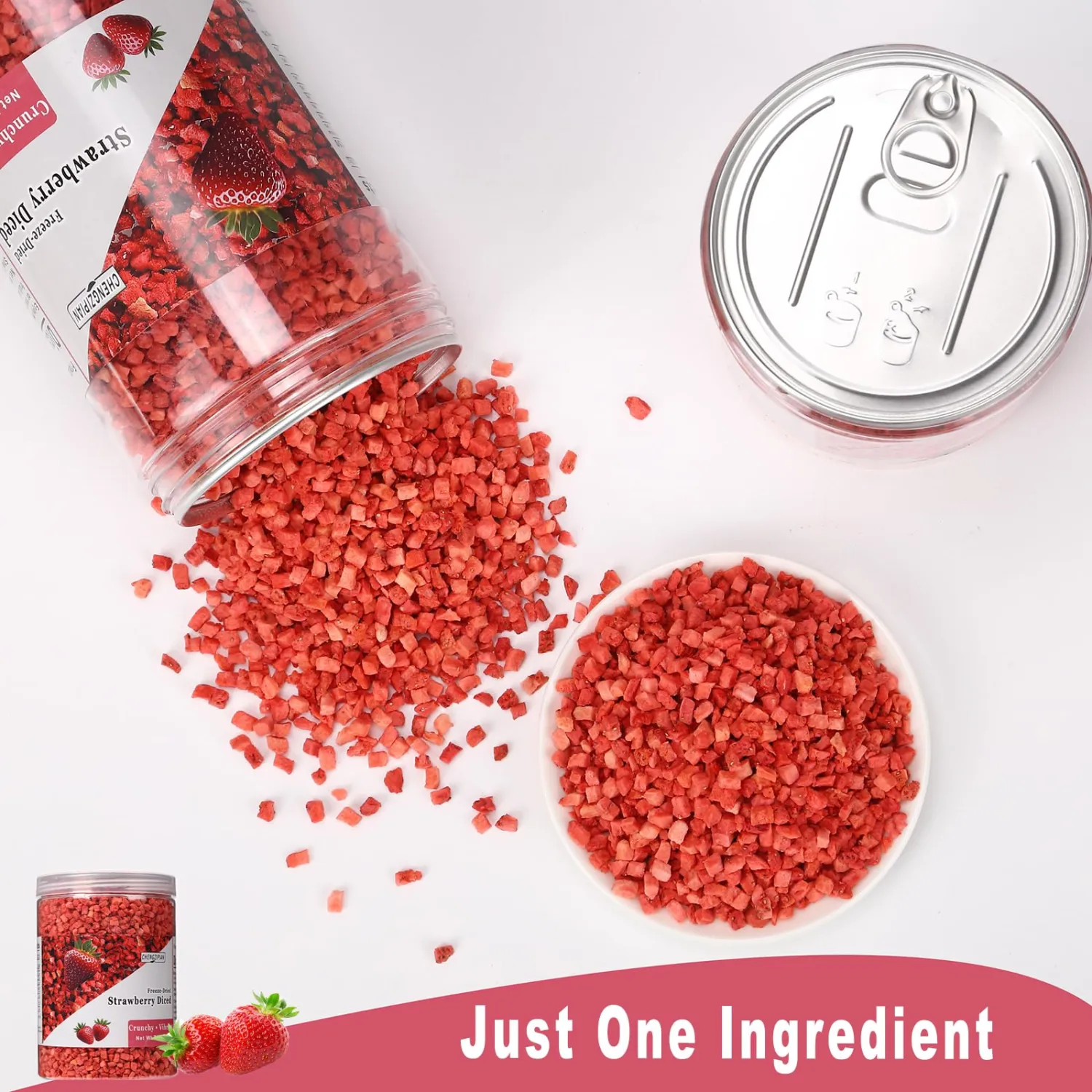 Freeze Dried Strawberries Diced,Resealable Bucket,200g/7oz, Natural & No Additives,No Sugar,for Snacks, Baking Drinks Yogurt Cereal, Cooking