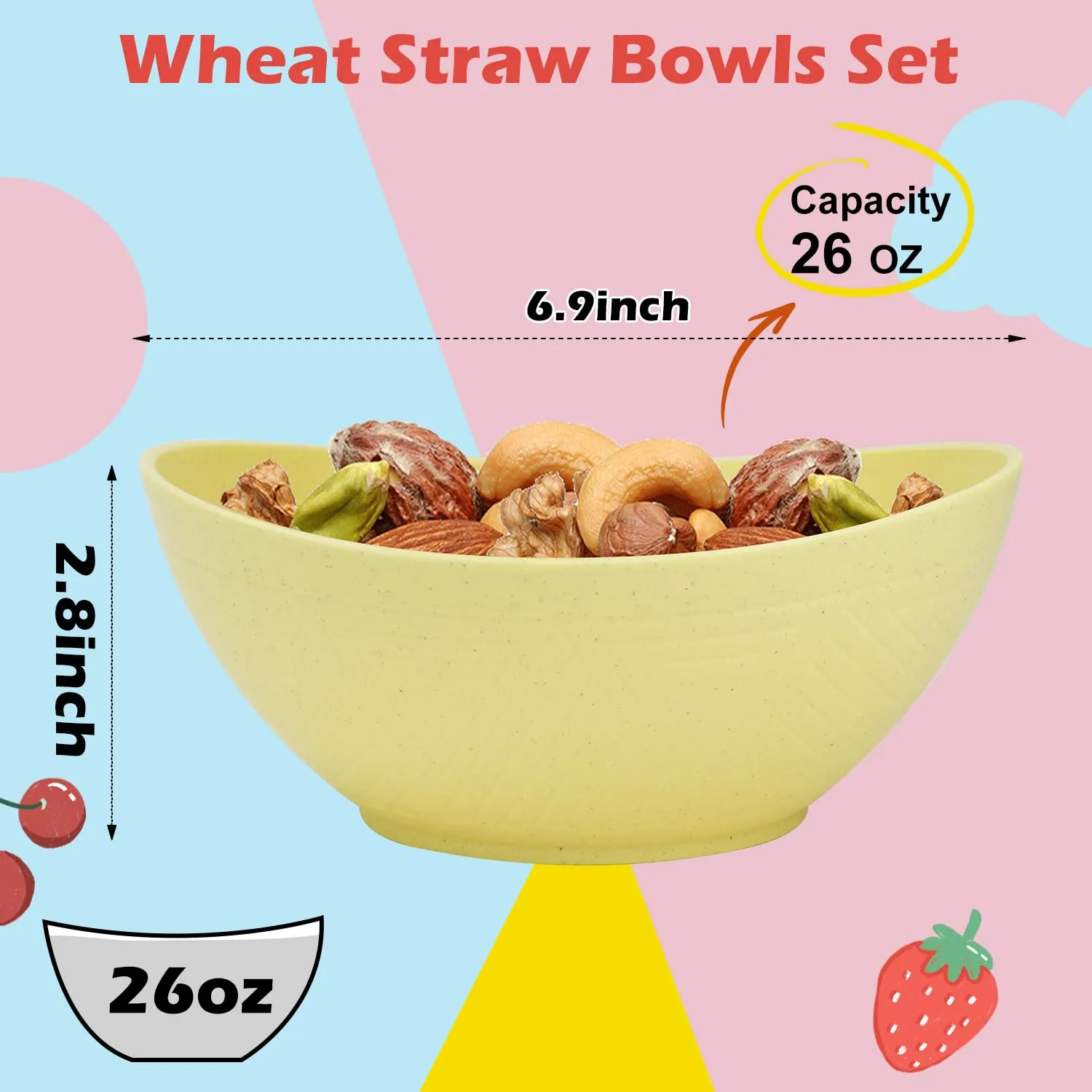 Homienly Wheat Straw Cereal Bowls 26oz, Color Bowl Set of 6, Microwave & Dishwasher Safe, Lightweight Plastic Bowls for Pasta, Candy, Dessert - Sunny Beach